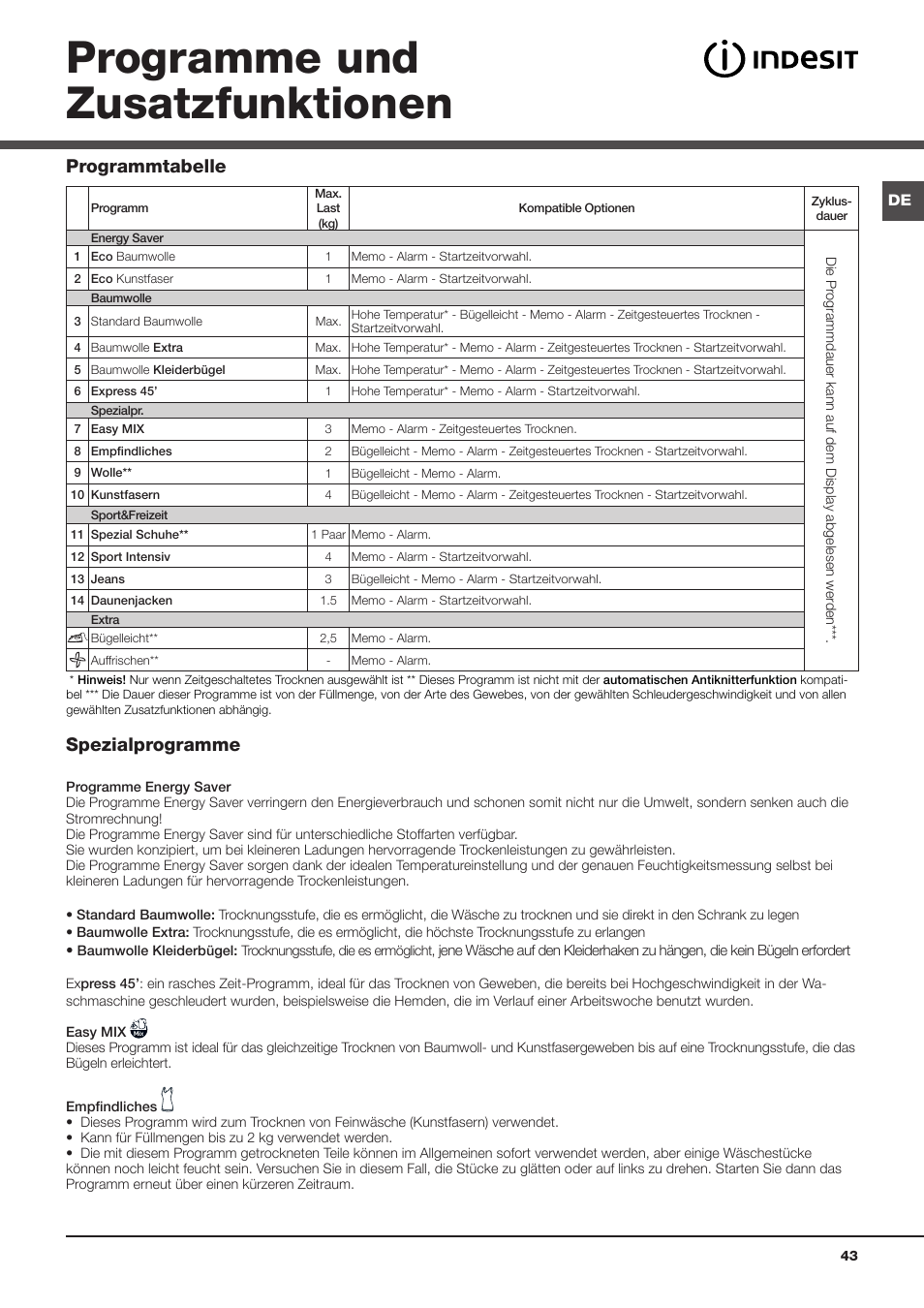 Programme und zusatzfunktionen, Spezialprogramme, Programmtabelle | Indesit IDPE-G45X-A1-ECO(EU) User Manual | Page 43 / 48