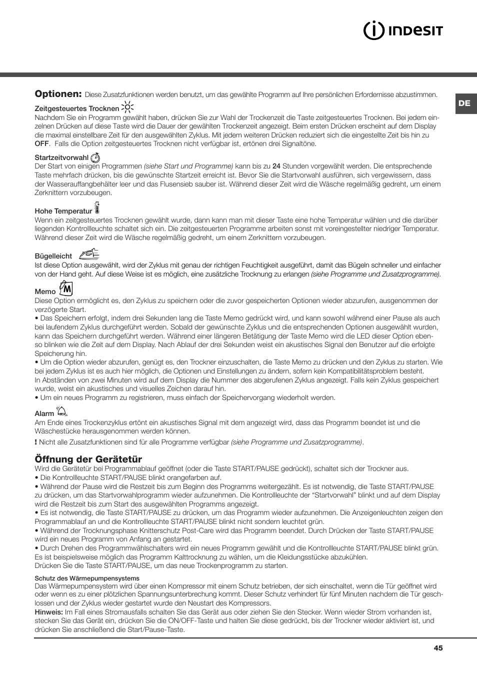 Optionen, Öffnung der gerätetür | Indesit IDPE-G45X-A1-ECO(EU) User Manual | Page 45 / 48