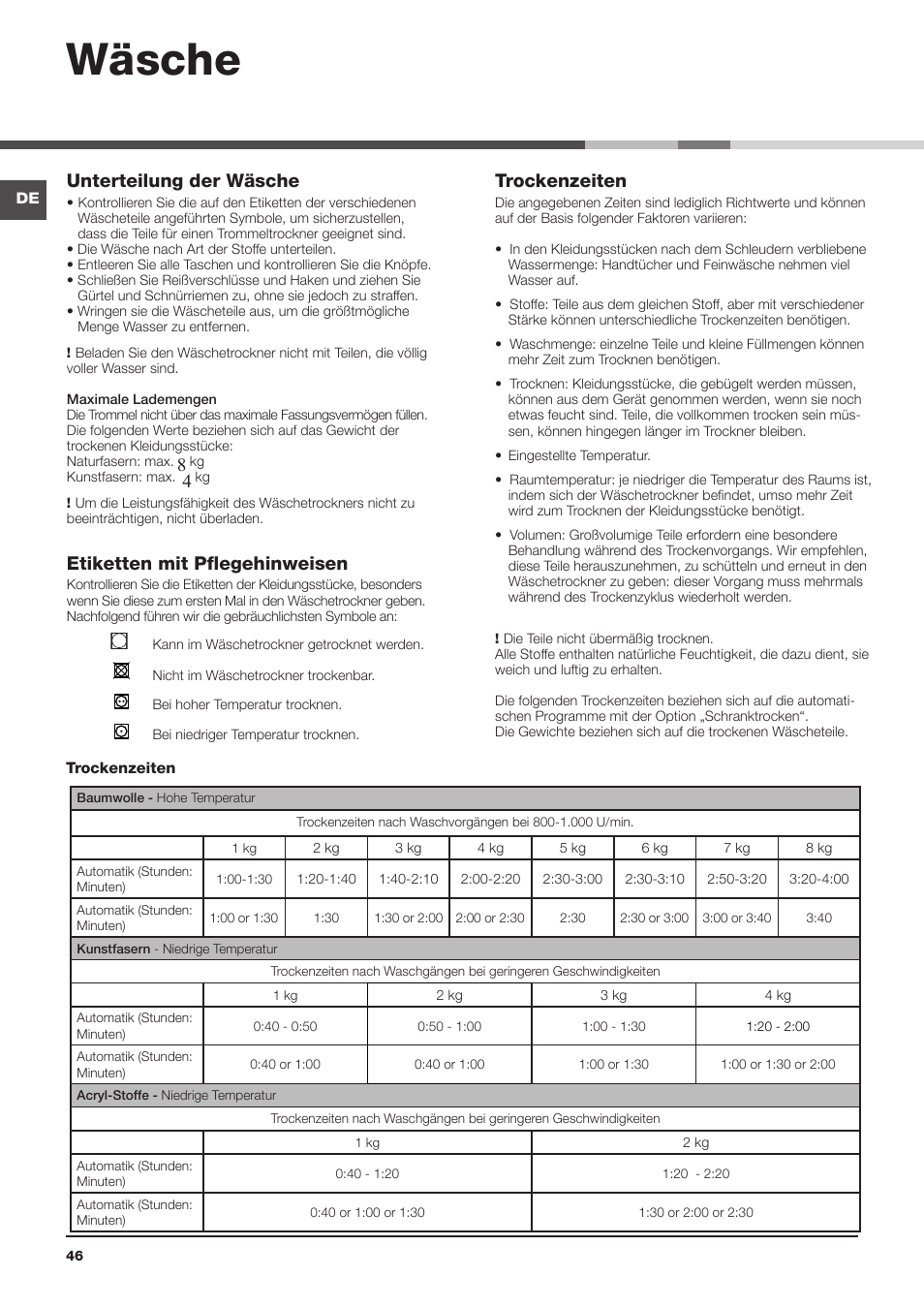 Wäsche, Unterteilung der wäsche, Etiketten mit pflegehinweisen | Trockenzeiten | Indesit IDPE-G45X-A1-ECO(EU) User Manual | Page 46 / 48