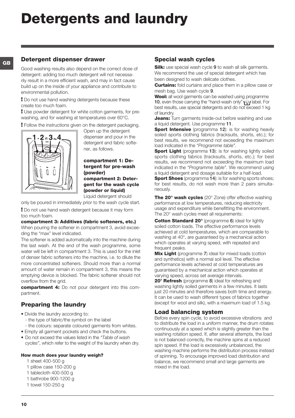 Detergents and laundry | Indesit IWTE-61482-C-ECO-EU User Manual | Page 10 / 60