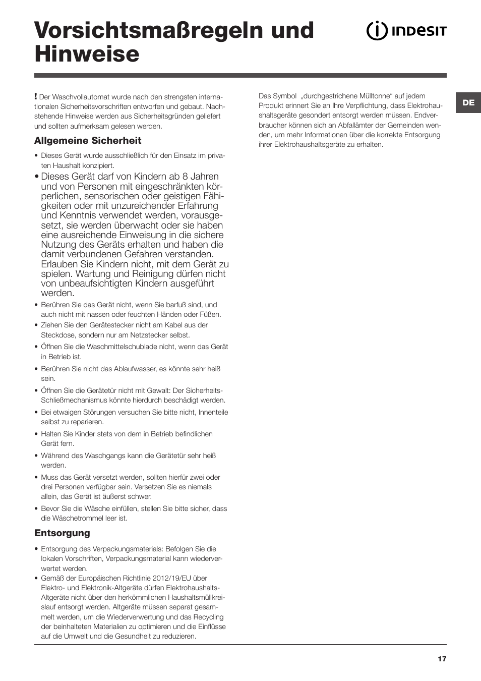 Vorsichtsmaßregeln und hinweise | Indesit IWTE-61482-C-ECO-EU User Manual | Page 17 / 60