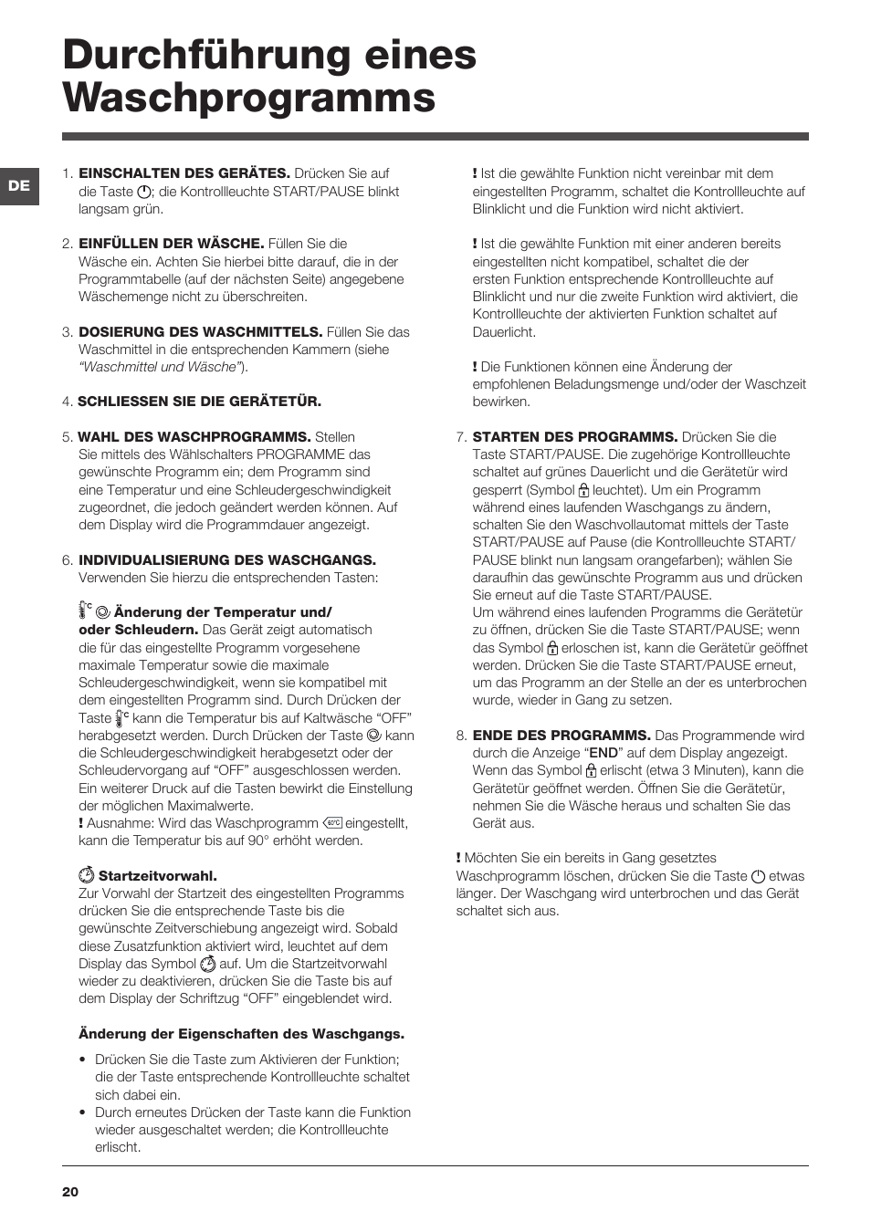Durchführung eines waschprogramms | Indesit IWTE-61482-C-ECO-EU User Manual | Page 20 / 60