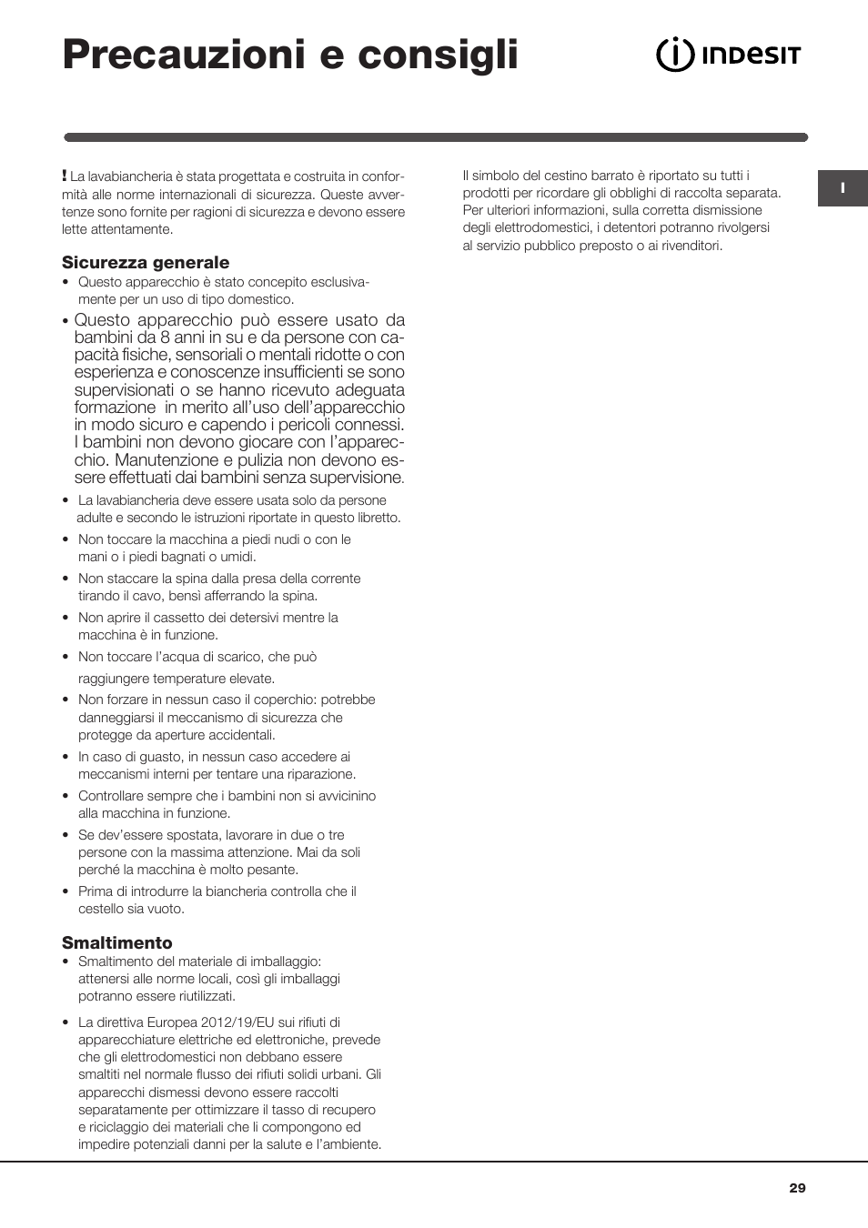 Precauzioni e consigli | Indesit IWTE-61482-C-ECO-EU User Manual | Page 29 / 60