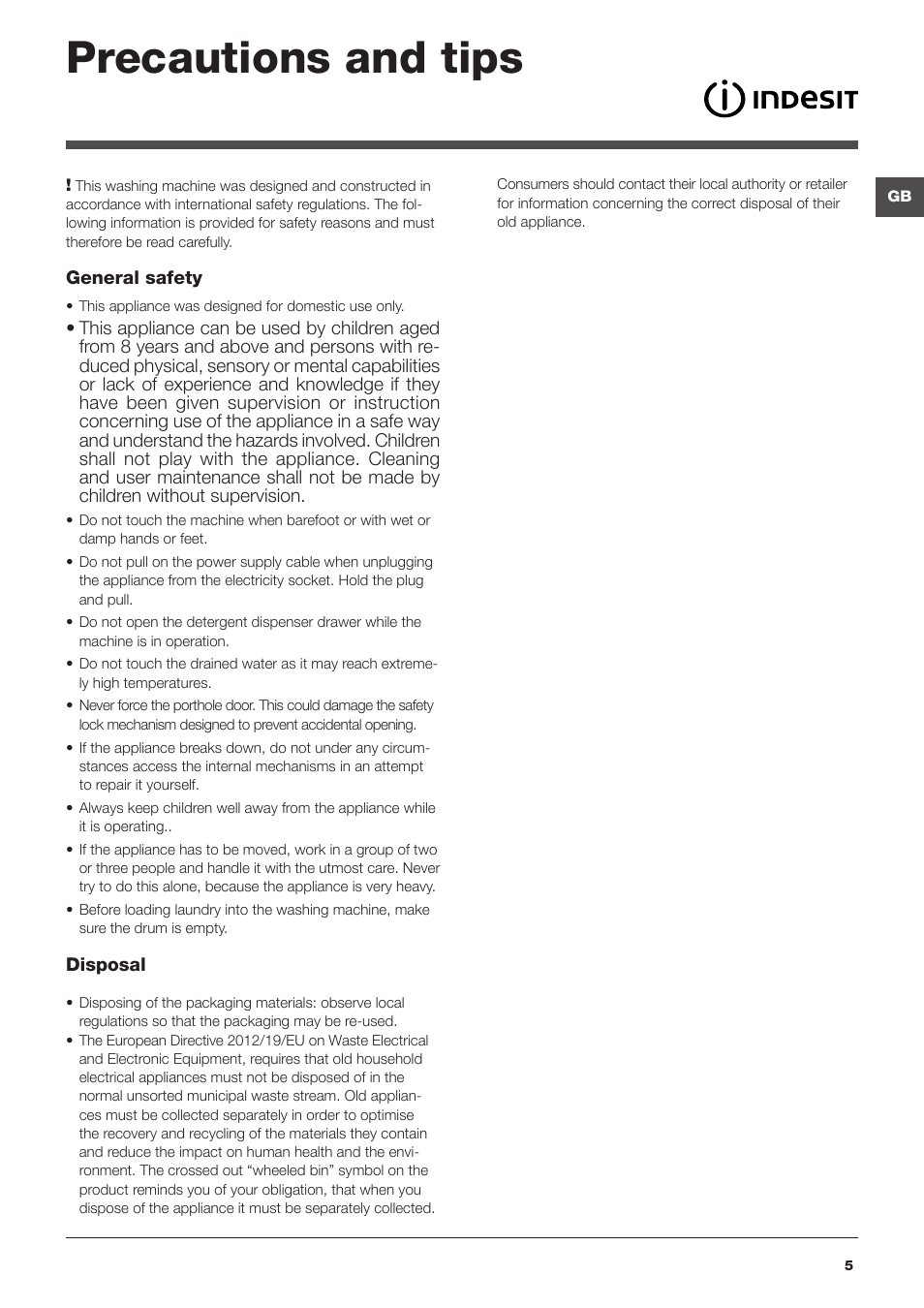 Precautions and tips | Indesit IWTE-61482-C-ECO-EU User Manual | Page 5 / 60