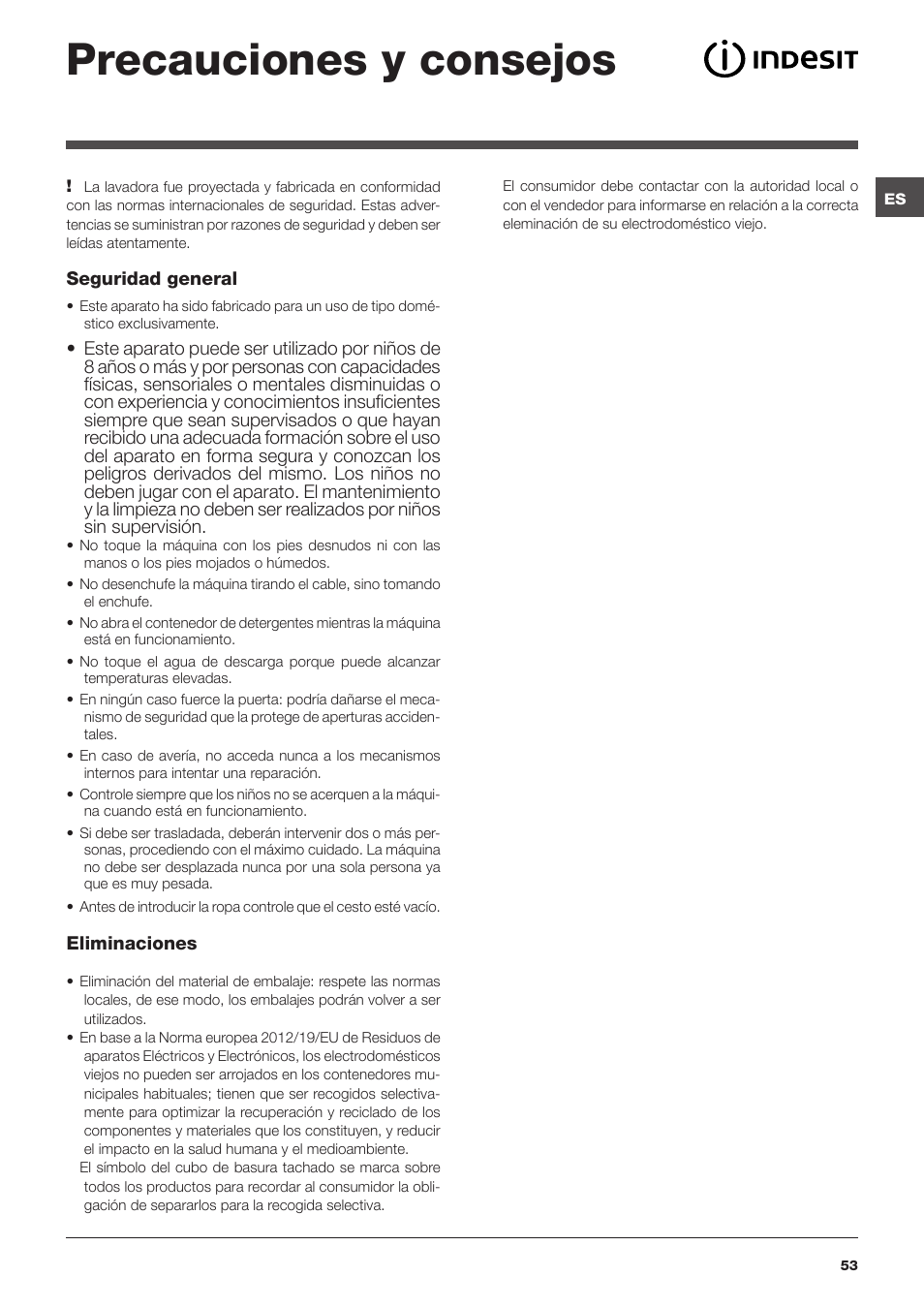 Precauciones y consejos | Indesit IWTE-61482-C-ECO-EU User Manual | Page 53 / 60