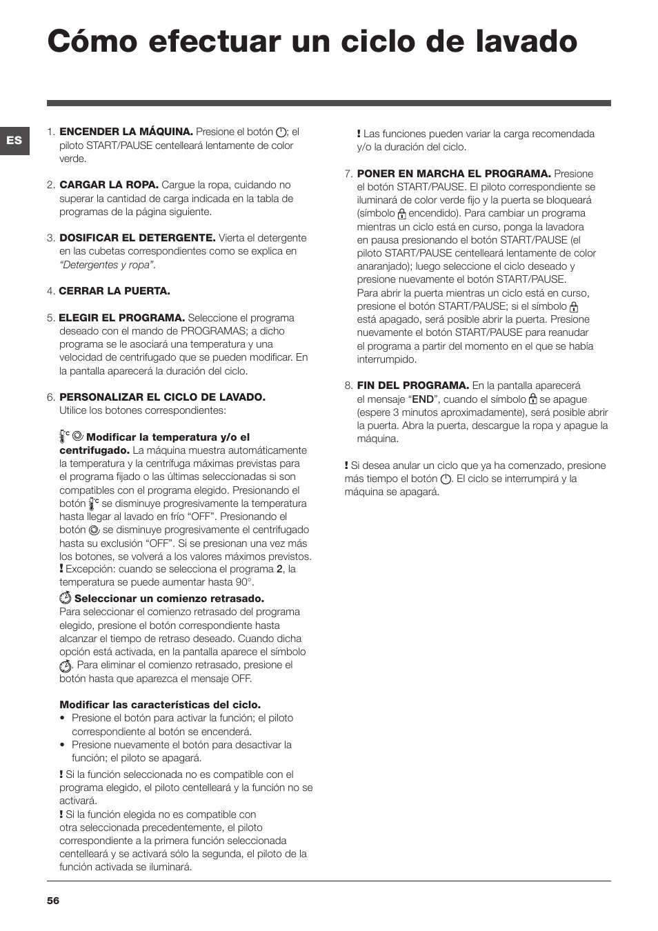 Cómo efectuar un ciclo de lavado | Indesit IWTE-61482-C-ECO-EU User Manual | Page 56 / 60