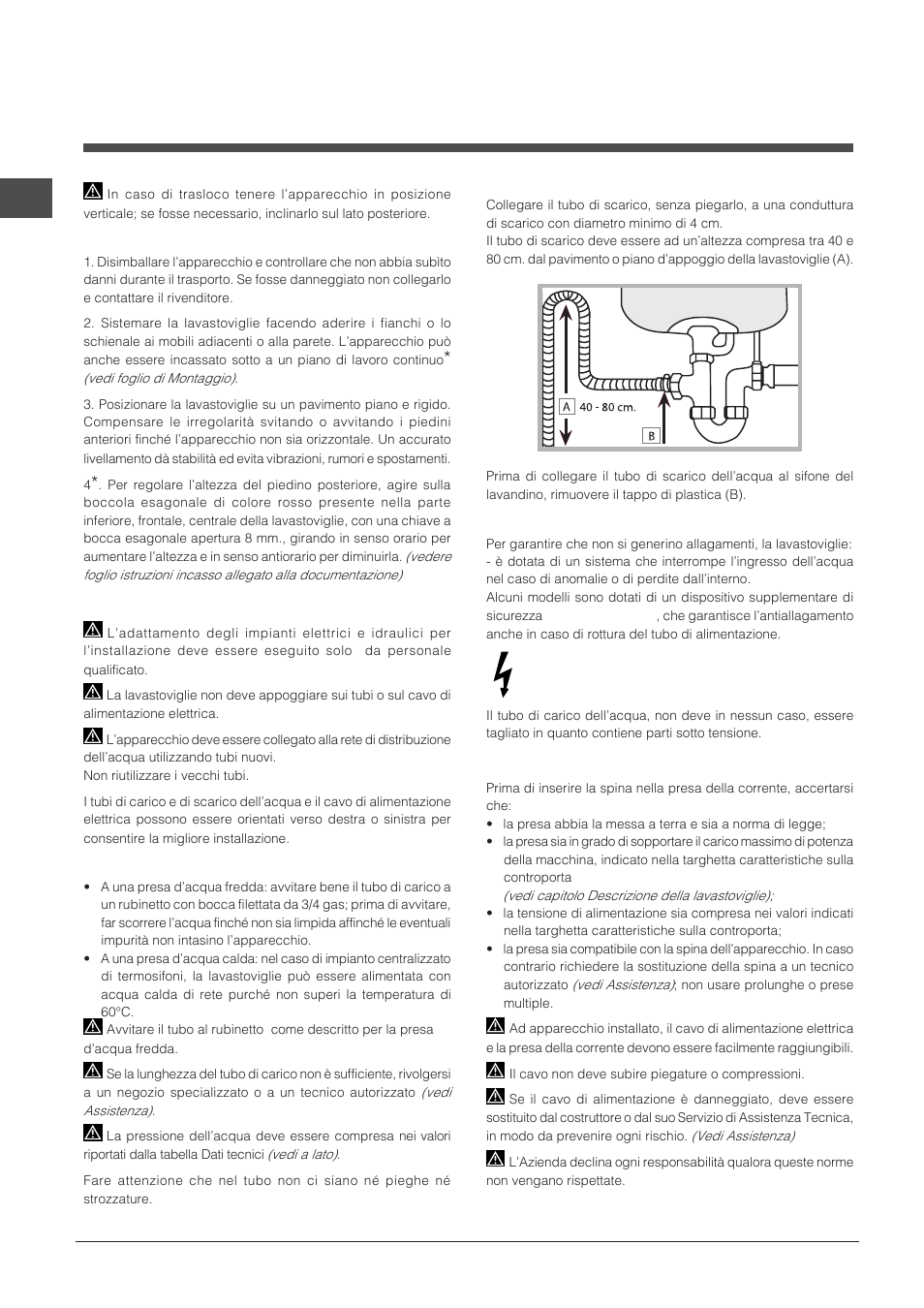 Installazione e assistenza, Posizionamento e livellamento, Collegamenti idraulici ed elettrici | Indesit DPG-16B1-A-NX-EU User Manual | Page 4 / 84