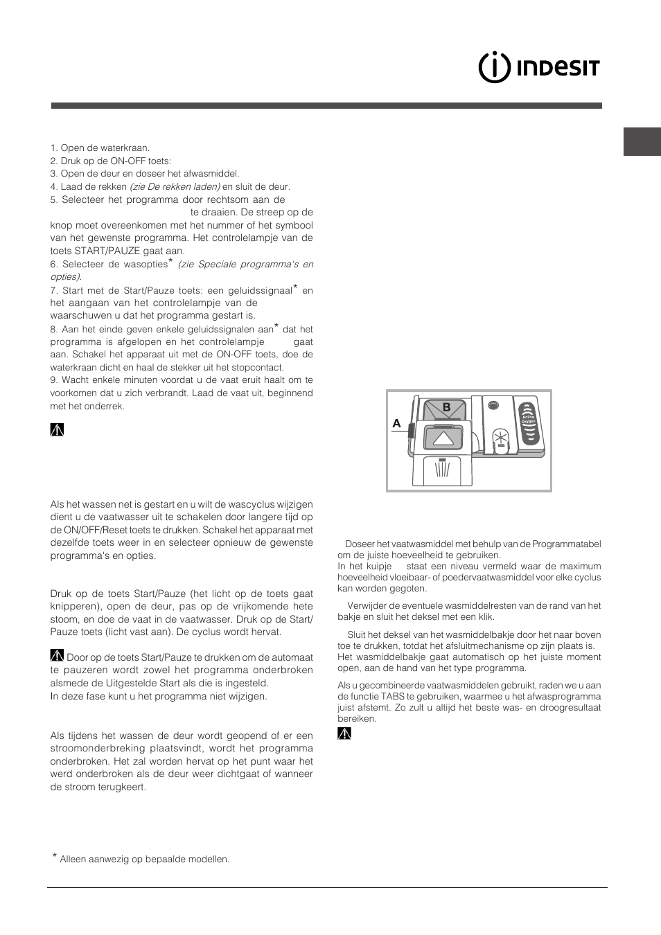 Starten en gebruik, Het vaatwasmiddel toevoegen, De vaatwasser starten | Indesit DPG-16B1-A-NX-EU User Manual | Page 51 / 84