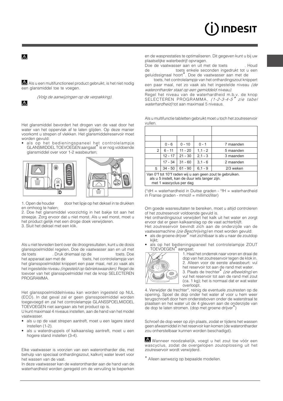 Glansmiddel en zout, Het glansmiddel toevoegen, Het onthardingszout toevoegen | Indesit DPG-16B1-A-NX-EU User Manual | Page 53 / 84