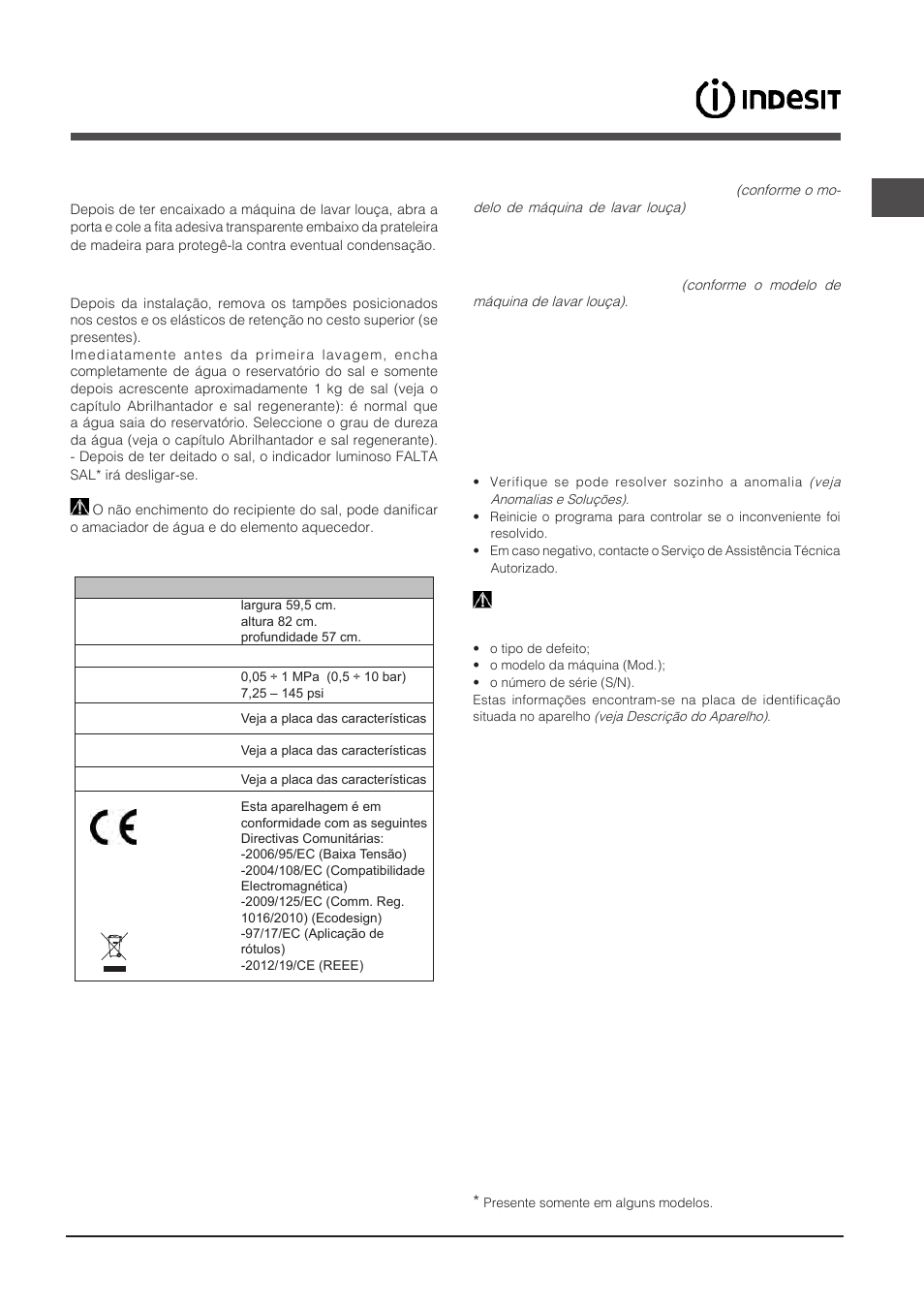 Assistência, Advertências para a primeira lavagem | Indesit DPG-16B1-A-NX-EU User Manual | Page 61 / 84