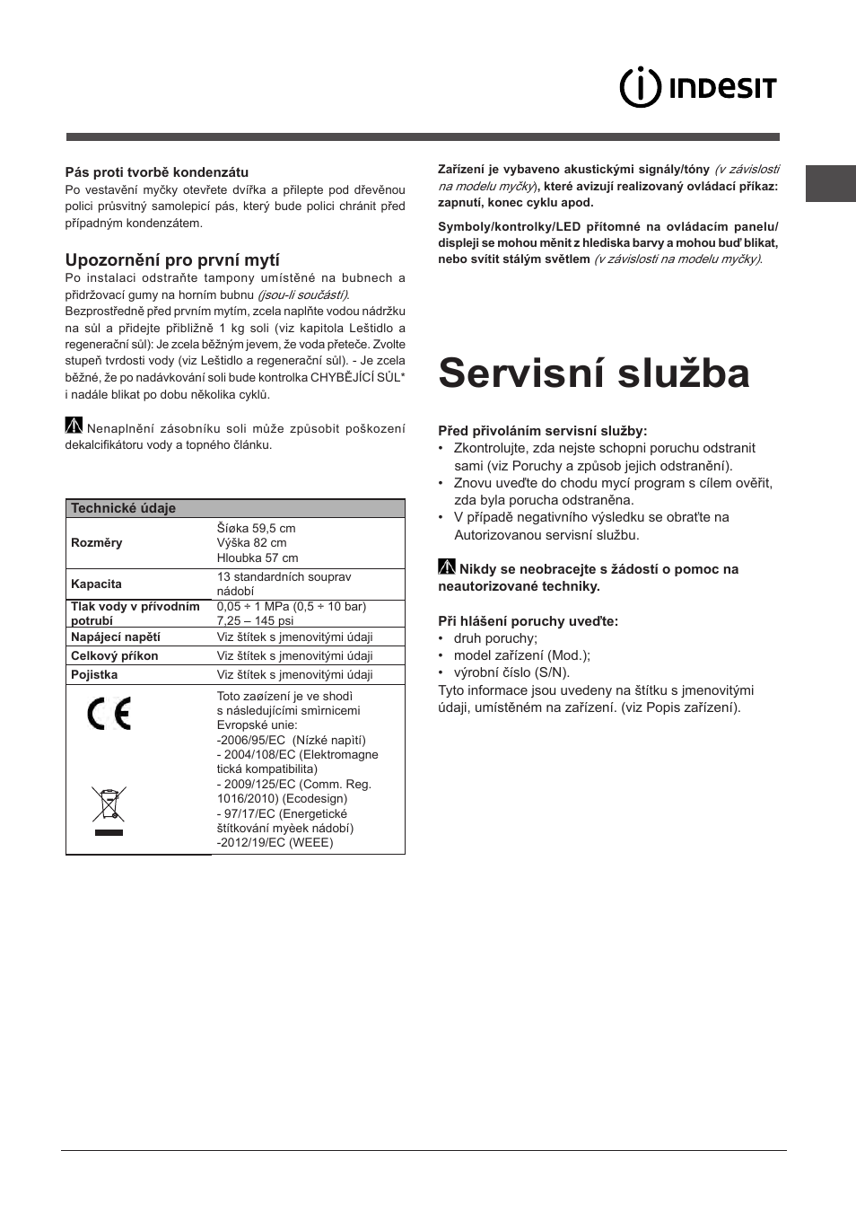 Servisní služba, Upozornění pro první mytí | Indesit DPG-16B1-A-NX-EU User Manual | Page 75 / 84