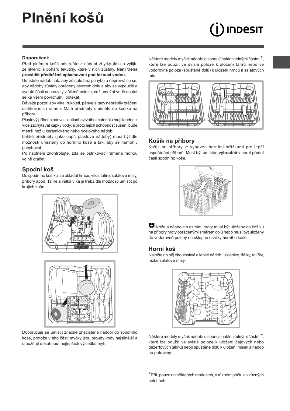 Plnění košů, Spodní koš, Košík na příbory | Horní koš | Indesit DPG-16B1-A-NX-EU User Manual | Page 77 / 84