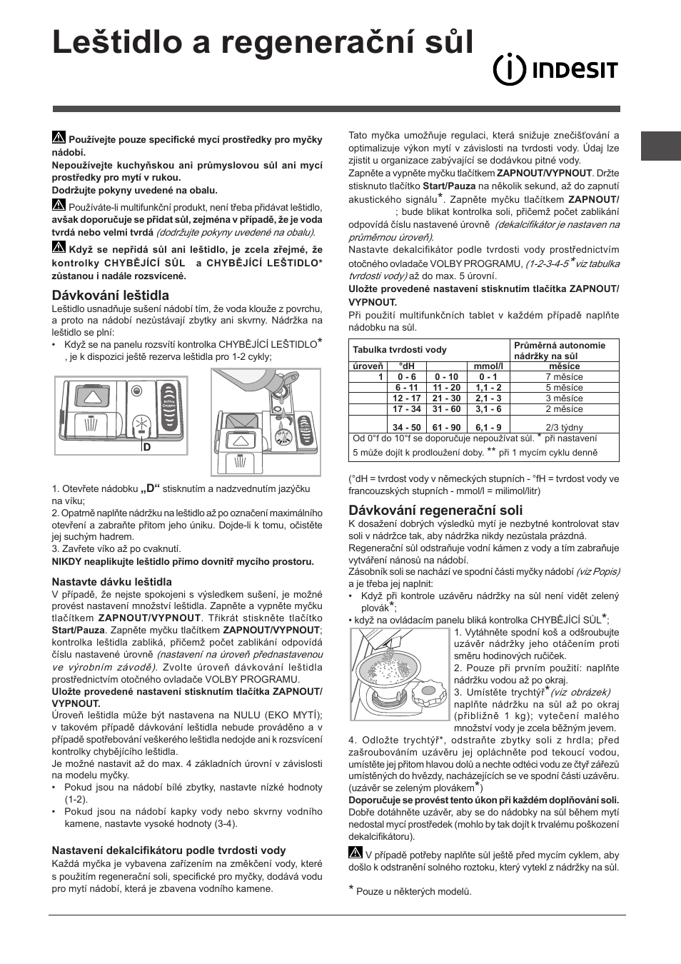 Leštidlo a regenerační sůl, Dávkování leštidla, Dávkování regenerační soli | Indesit DPG-16B1-A-NX-EU User Manual | Page 81 / 84