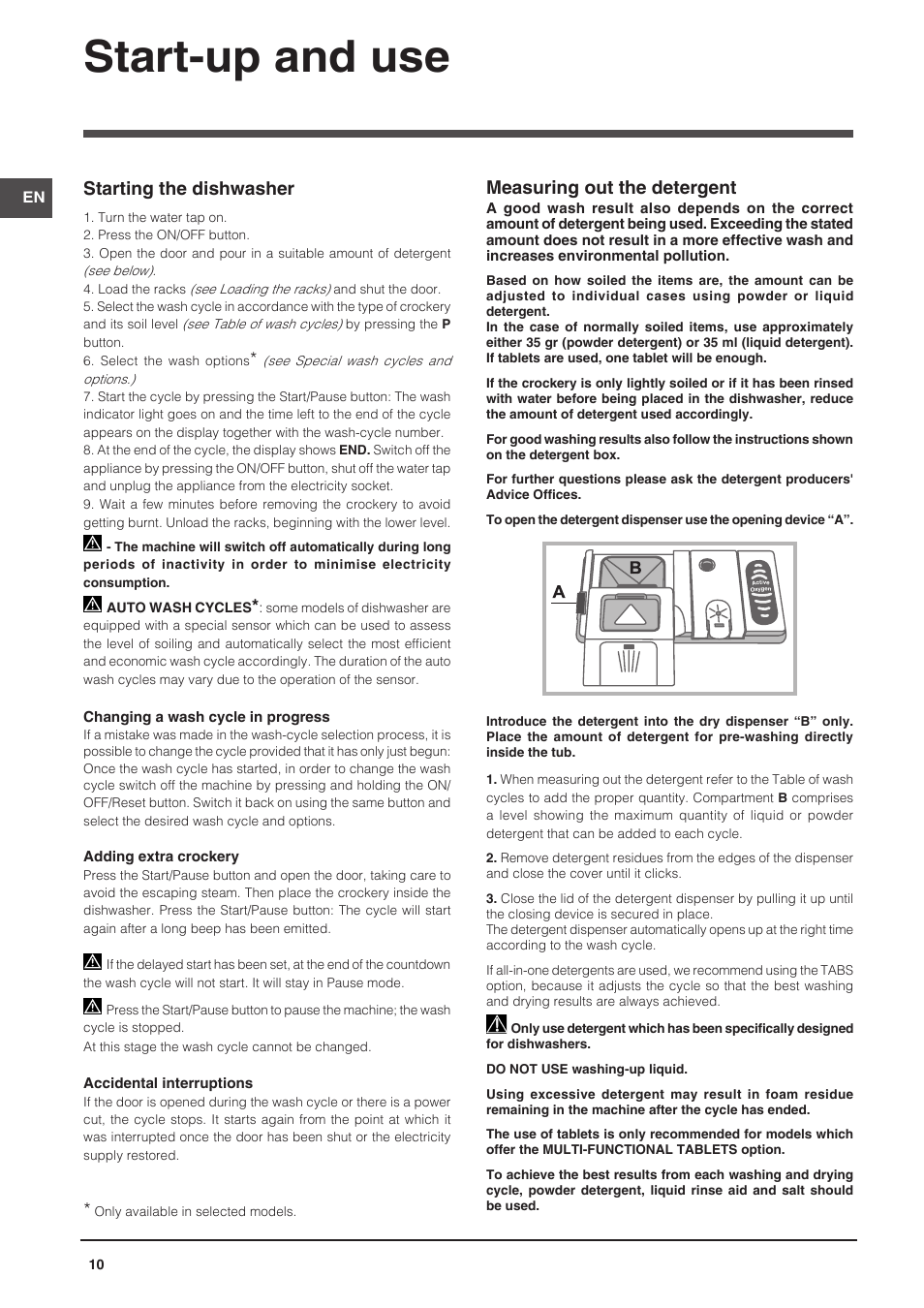 Start-up and use, Measuring out the detergent, Starting the dishwasher | Indesit DFP-58T94-A-EU User Manual | Page 10 / 76