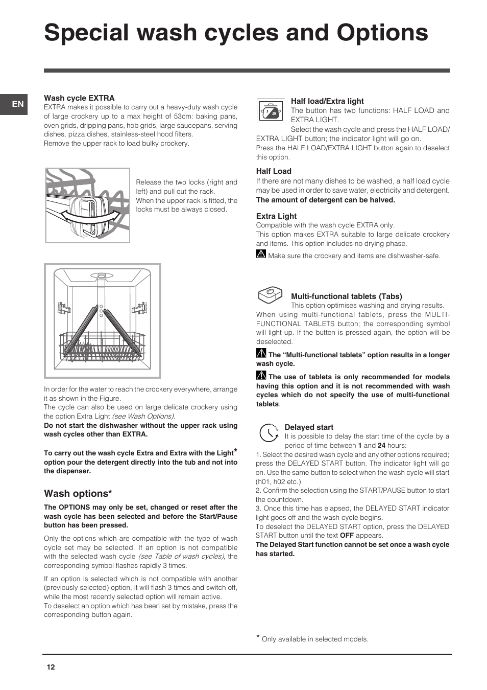 Special wash cycles and options, Wash options | Indesit DFP-58T94-A-EU User Manual | Page 12 / 76