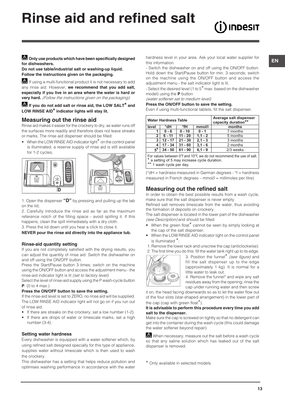 Rinse aid and refined salt, Measuring out the rinse aid, Measuring out the refined salt | Indesit DFP-58T94-A-EU User Manual | Page 13 / 76