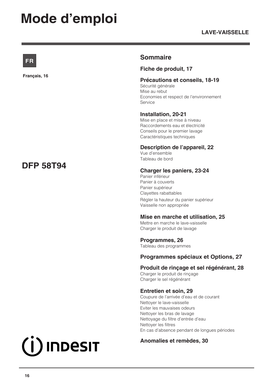 11554302_fr, Mode d’emploi, Dfp 58t94 | Indesit DFP-58T94-A-EU User Manual | Page 16 / 76