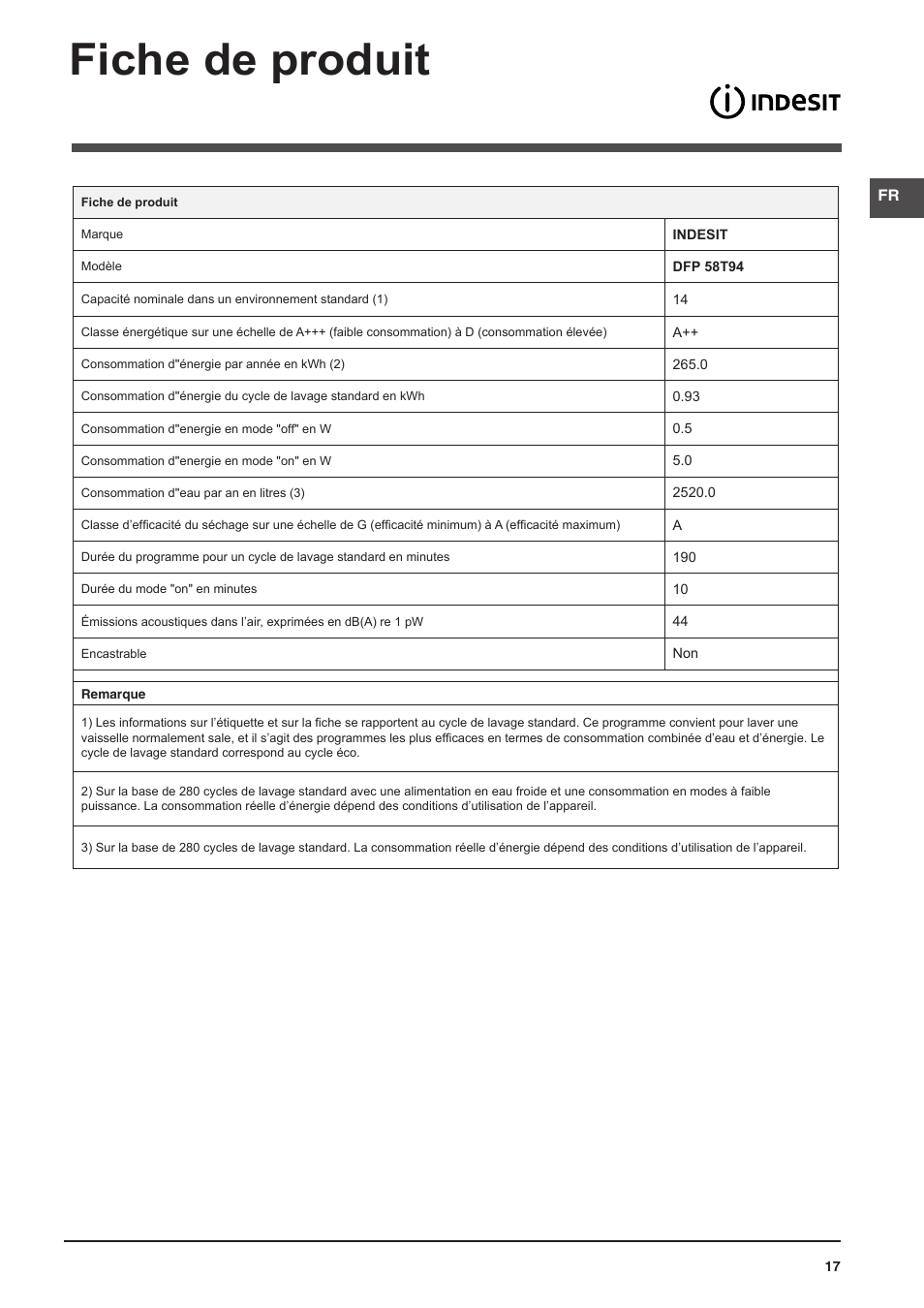 Fiche de produit | Indesit DFP-58T94-A-EU User Manual | Page 17 / 76