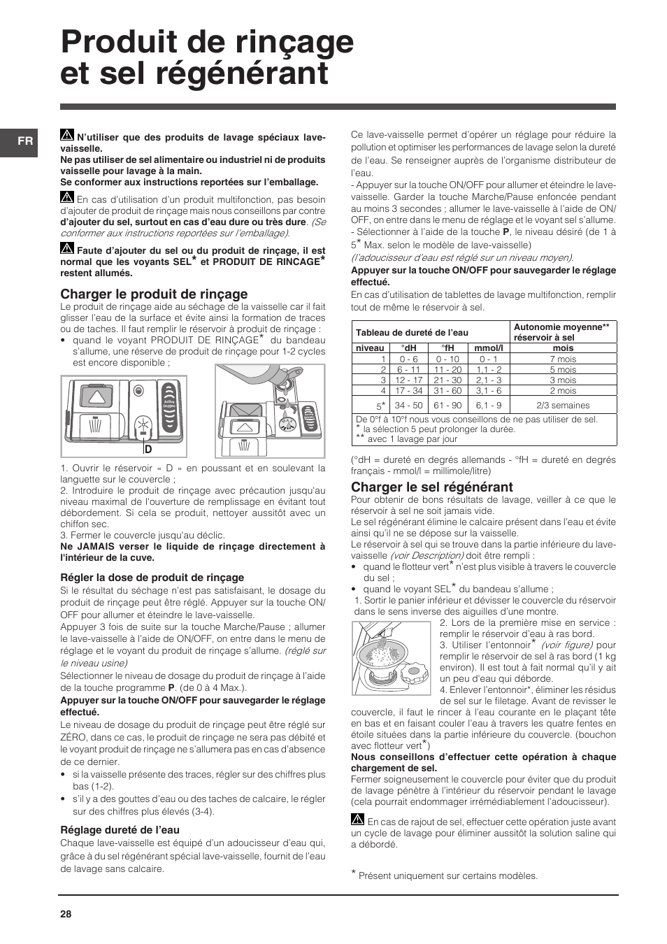 Produit de rinçage et sel régénérant, Charger le produit de rinçage, Charger le sel régénérant | Indesit DFP-58T94-A-EU User Manual | Page 28 / 76