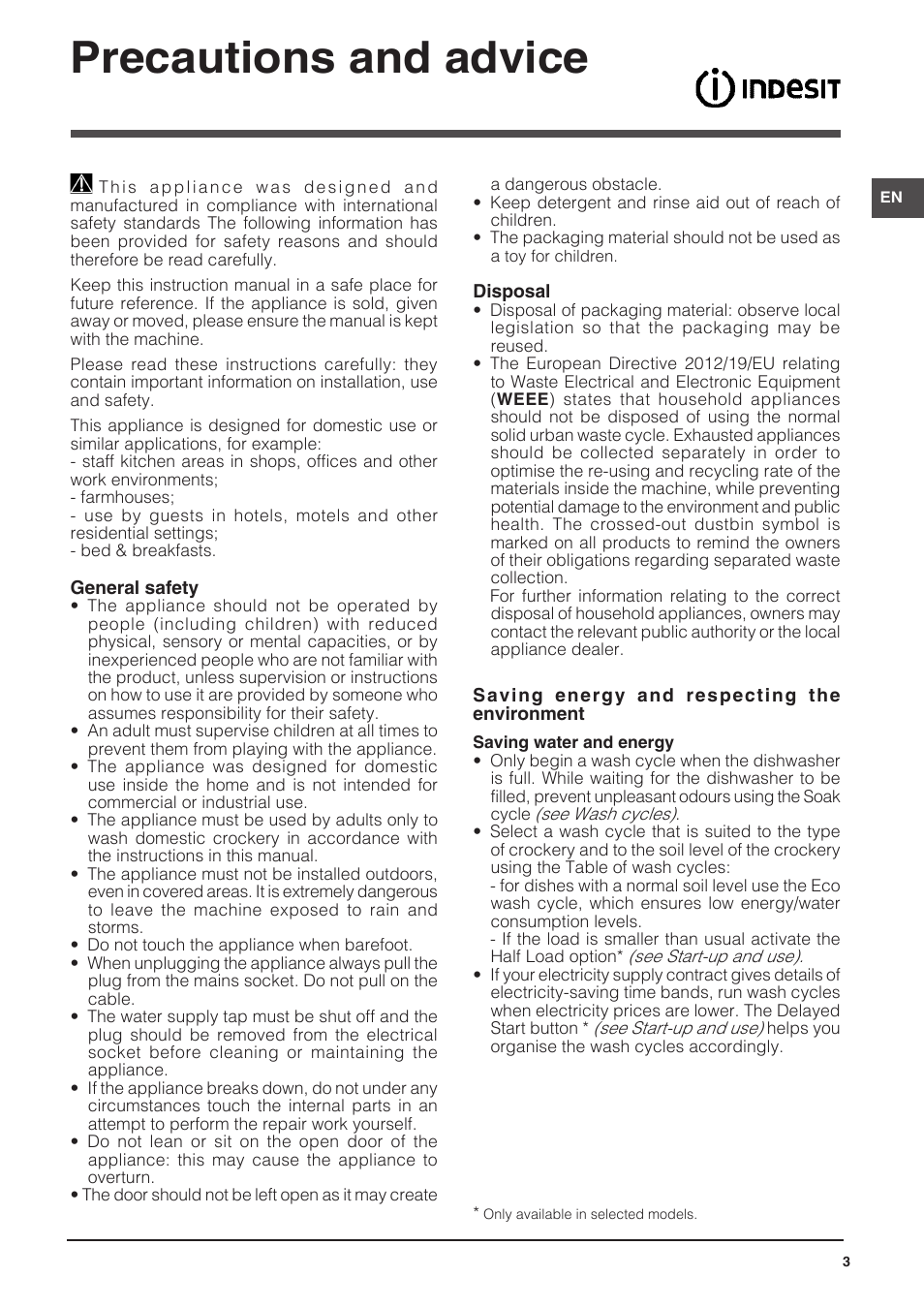 Precautions and advice | Indesit DFP-58T94-A-EU User Manual | Page 3 / 76