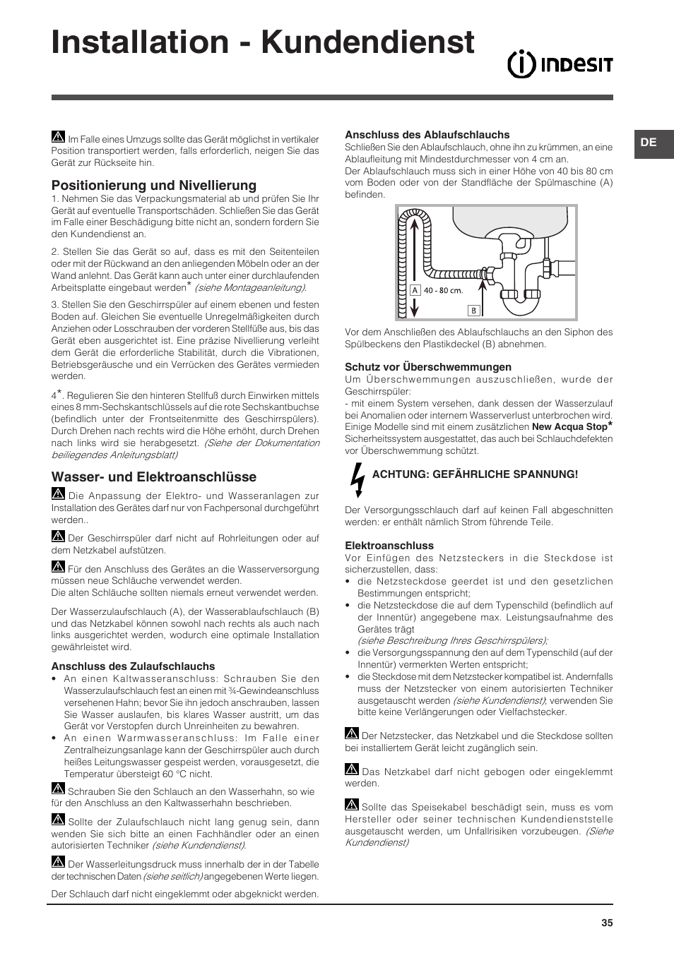 Installation - kundendienst, Positionierung und nivellierung, Wasser- und elektroanschlüsse | Indesit DFP-58T94-A-EU User Manual | Page 35 / 76