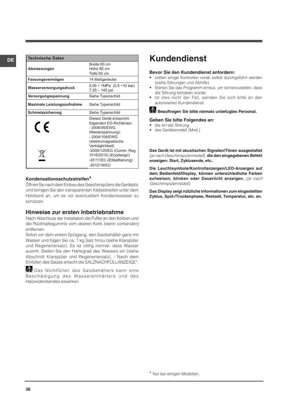 Kundendienst, Hinweise zur ersten inbetriebnahme | Indesit DFP-58T94-A-EU User Manual | Page 36 / 76