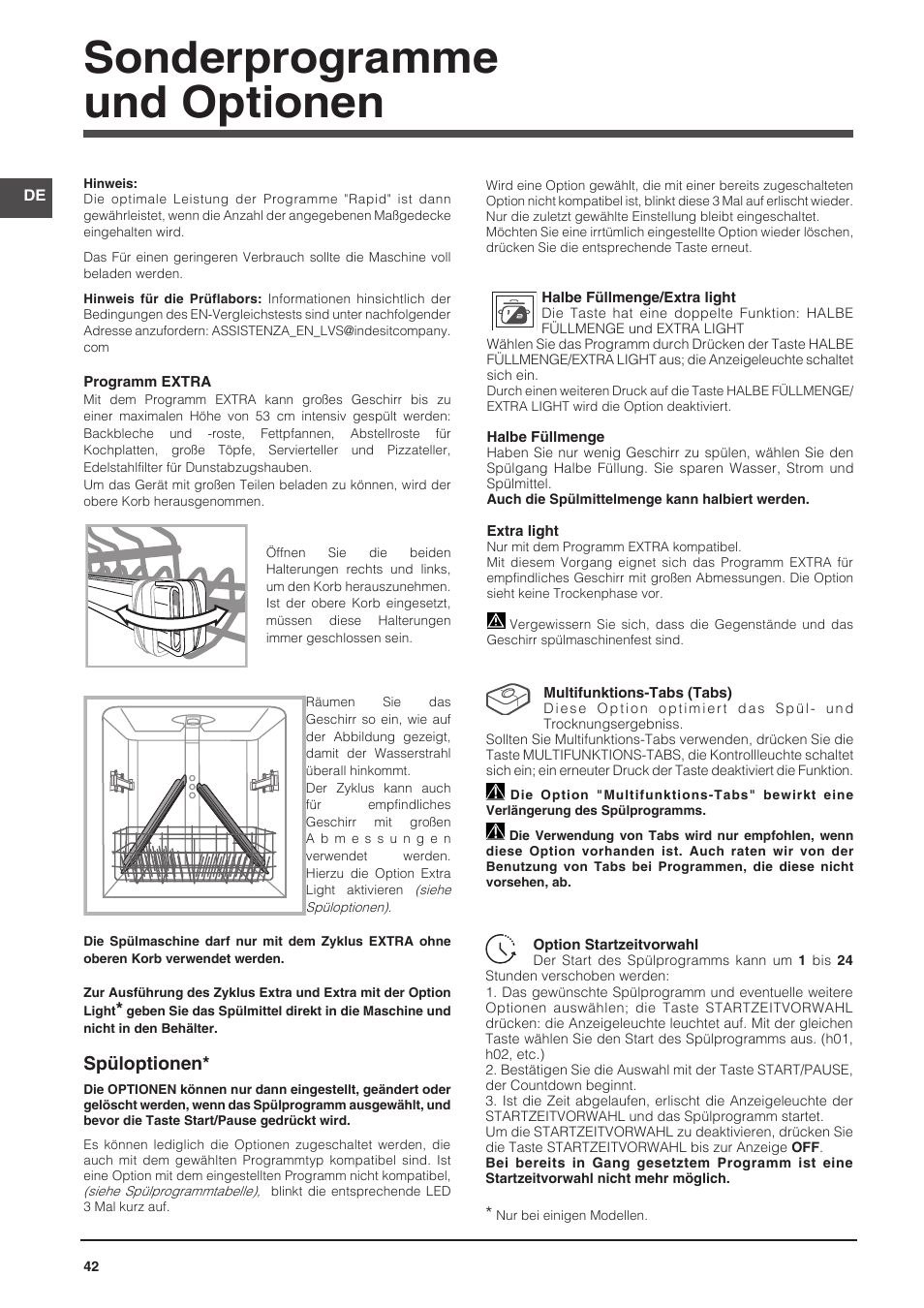 Sonderprogramme und optionen, Spüloptionen | Indesit DFP-58T94-A-EU User Manual | Page 42 / 76