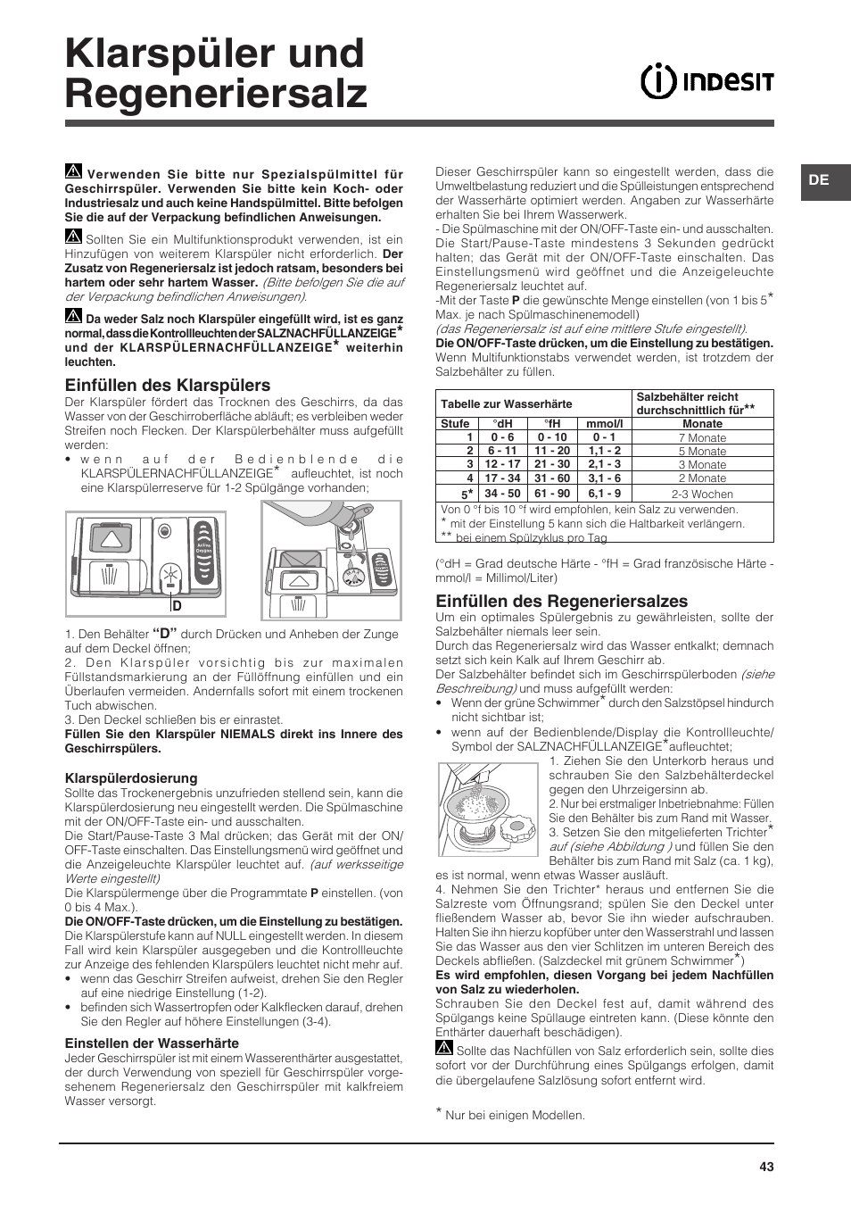 Klarspüler und regeneriersalz, Einfüllen des klarspülers, Einfüllen des regeneriersalzes | Indesit DFP-58T94-A-EU User Manual | Page 43 / 76