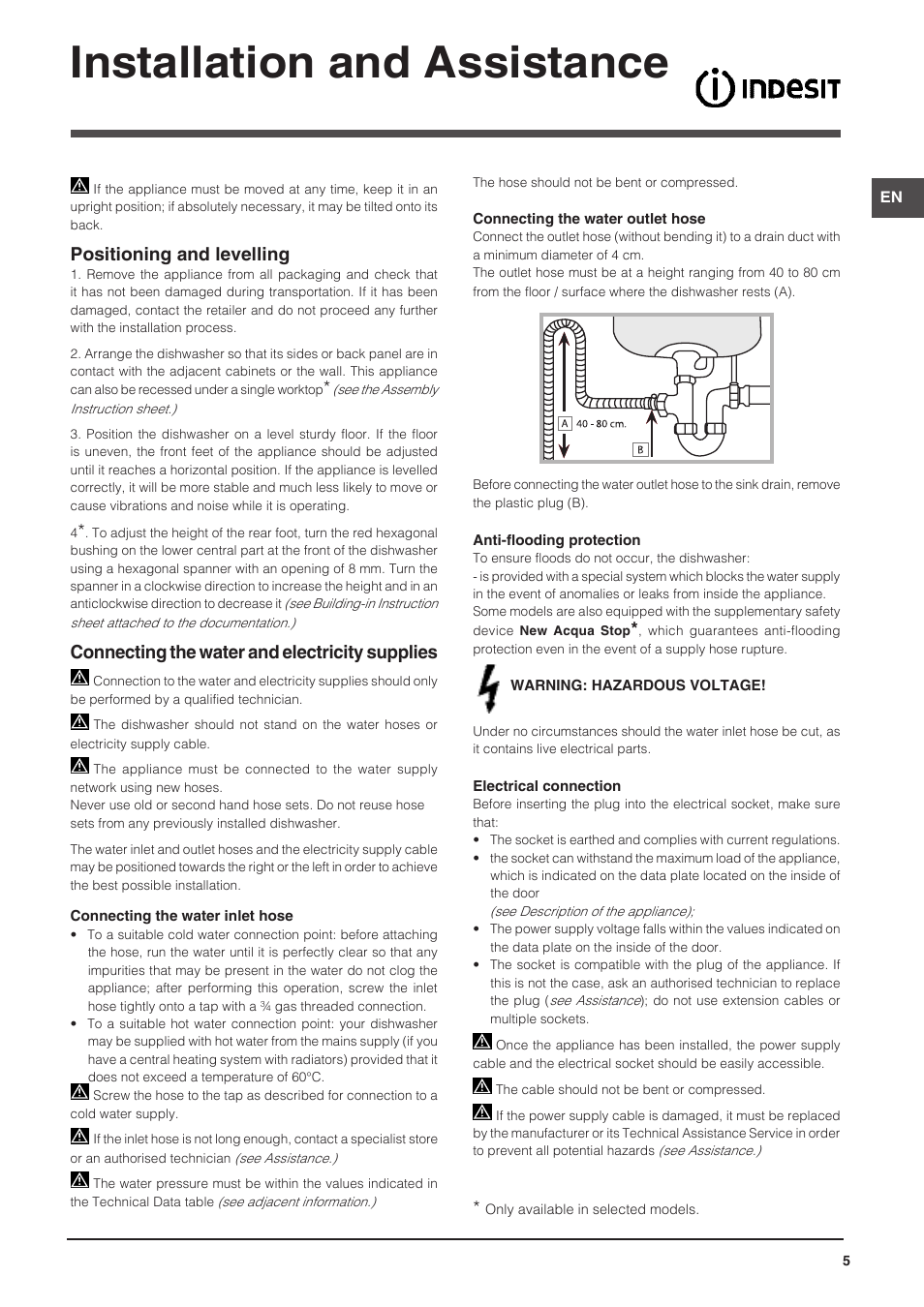 Installation and assistance, Positioning and levelling, Connecting the water and electricity supplies | Indesit DFP-58T94-A-EU User Manual | Page 5 / 76