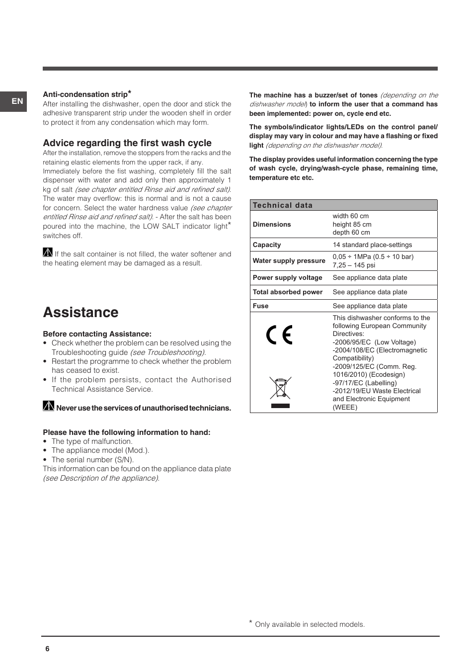 Assistance, Advice regarding the first wash cycle | Indesit DFP-58T94-A-EU User Manual | Page 6 / 76