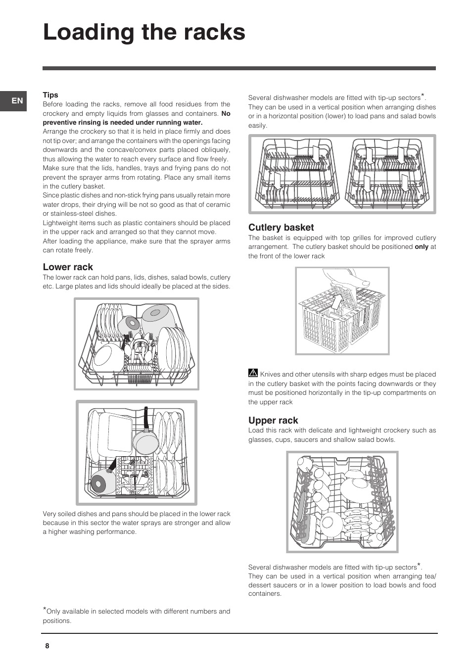 Loading the racks | Indesit DFP-58T94-A-EU User Manual | Page 8 / 76