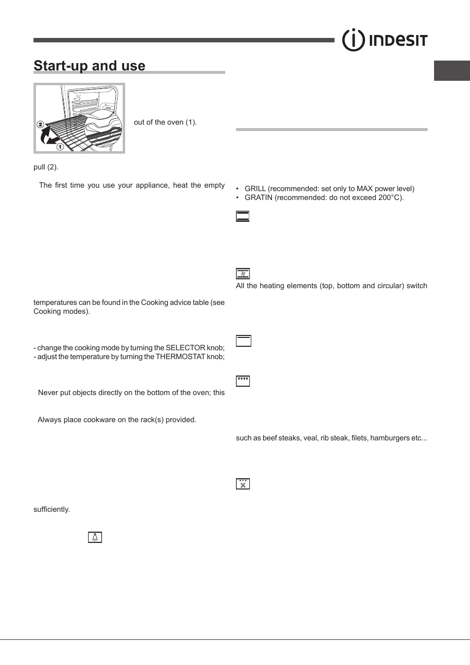 Start-up and use, Cooking modes | Indesit FIMS531J-K.A-IX-(EE) User Manual | Page 23 / 84