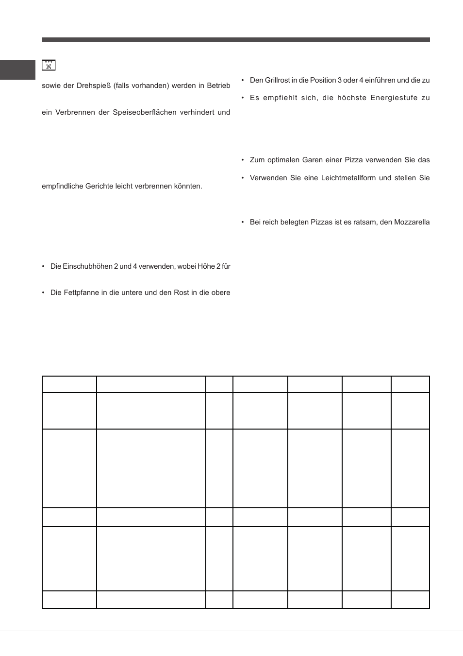 Praktische tipps, Back-/brattabelle | Indesit FIMS531J-K.A-IX-(EE) User Manual | Page 52 / 84