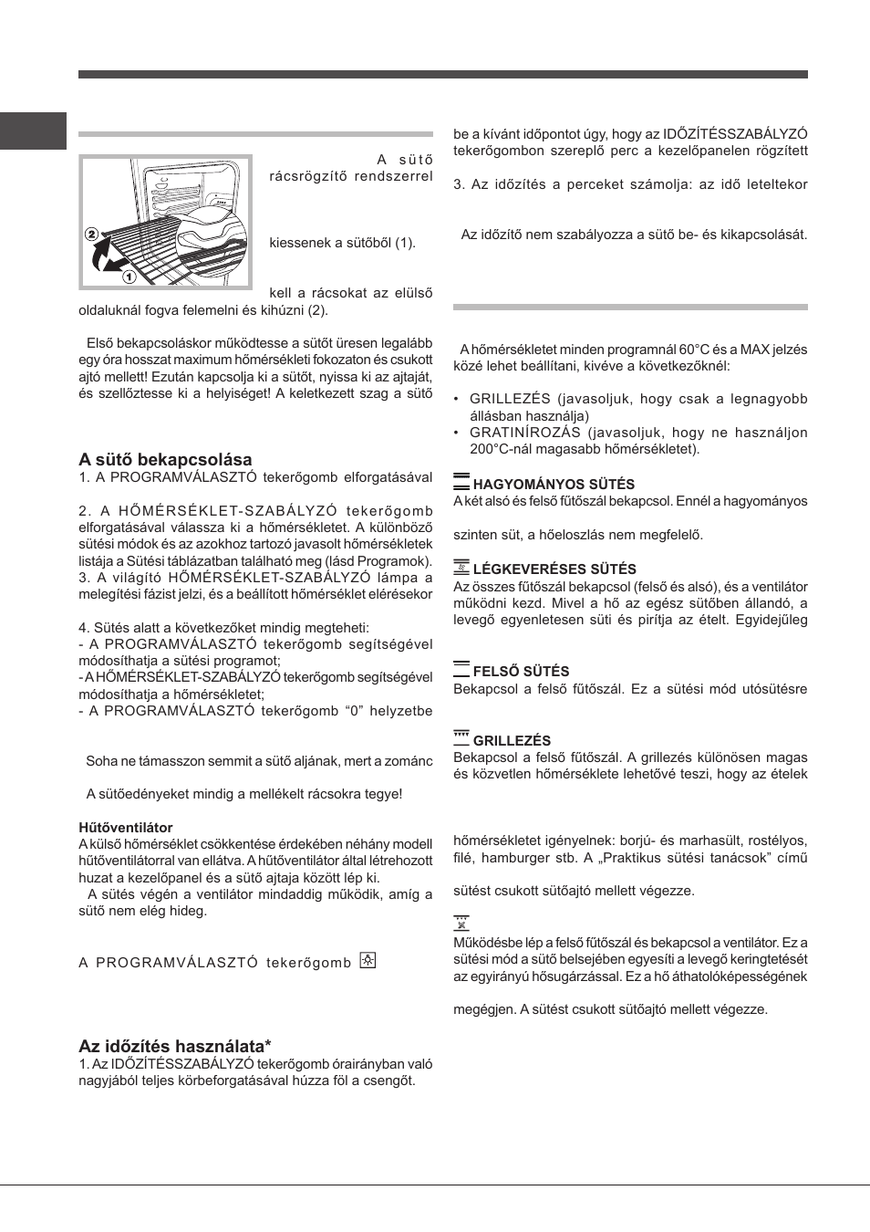 Bekapcsolás és használat, Program, A sütő bekapcsolása | Az időzítés használata | Indesit FIMS531J-K.A-IX-(EE) User Manual | Page 72 / 84