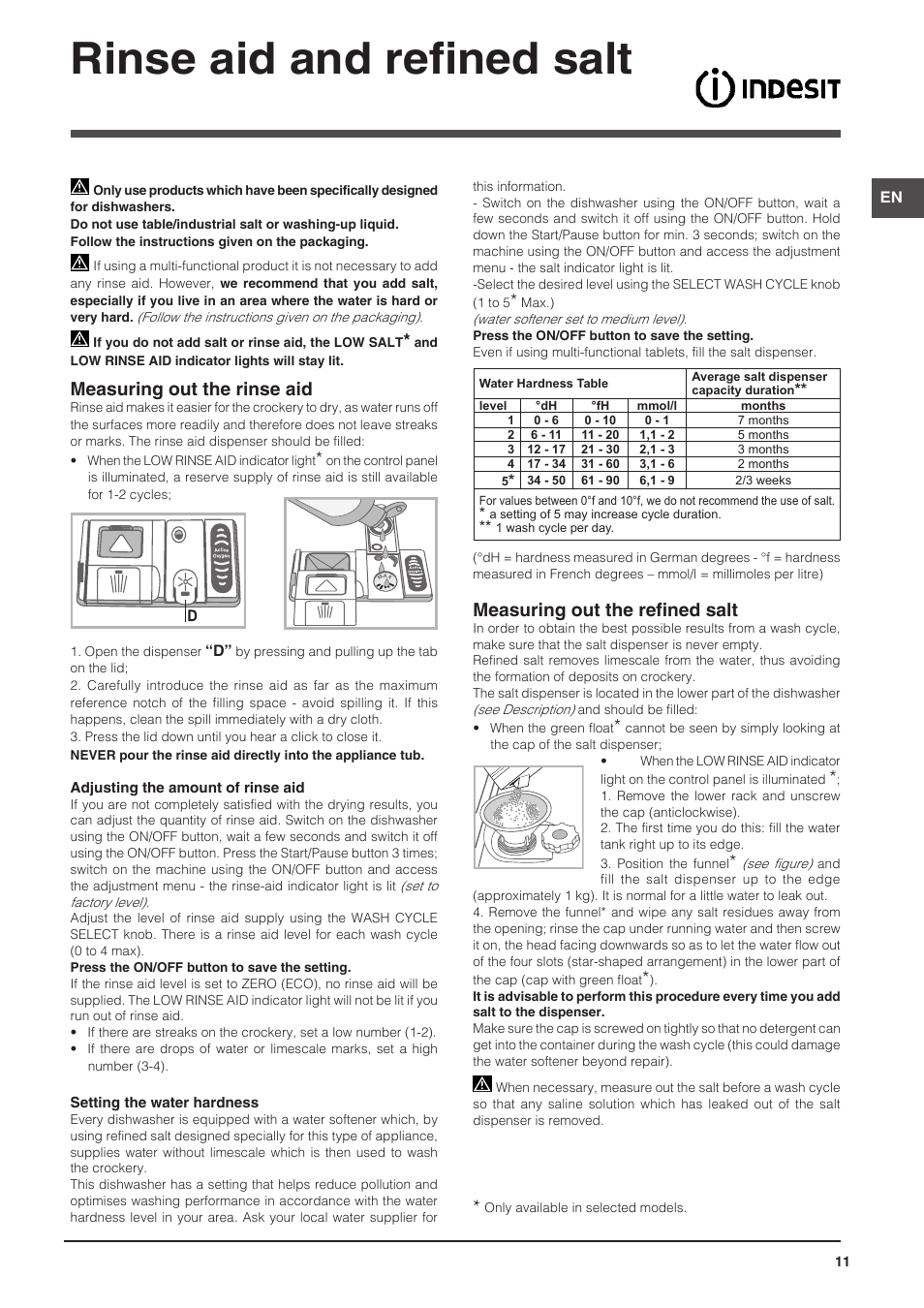 Rinse aid and refined salt, Measuring out the rinse aid, Measuring out the refined salt | Indesit DFG-15B1-A-EU User Manual | Page 11 / 80