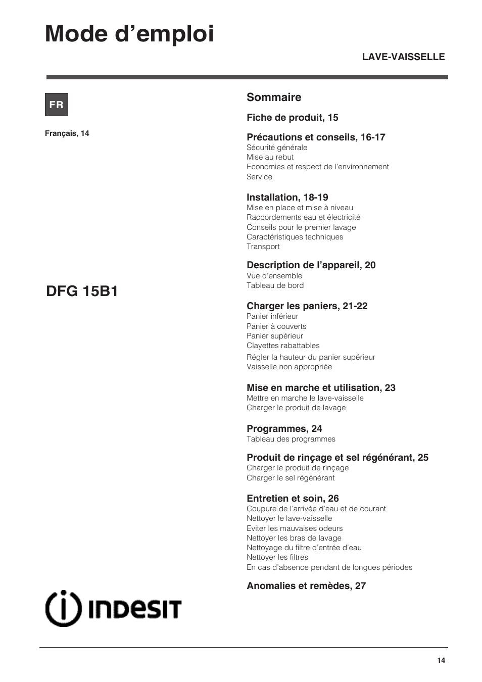 11593401_fr, Mode d’emploi, Dfg 15b1 | Indesit DFG-15B1-A-EU User Manual | Page 14 / 80
