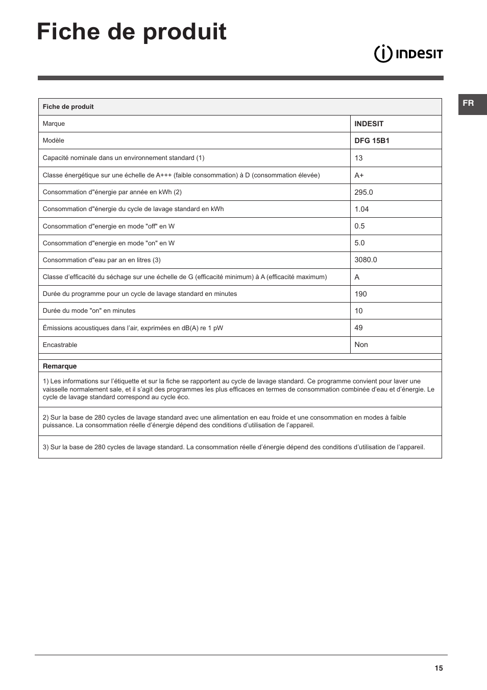 Fiche de produit | Indesit DFG-15B1-A-EU User Manual | Page 15 / 80