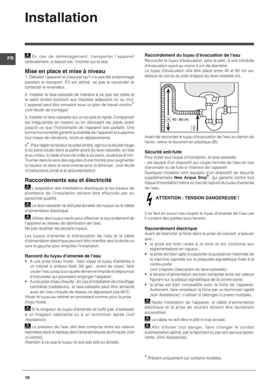 Installation, Mise en place et mise à niveau, Raccordements eau et électricité | Indesit DFG-15B1-A-EU User Manual | Page 18 / 80