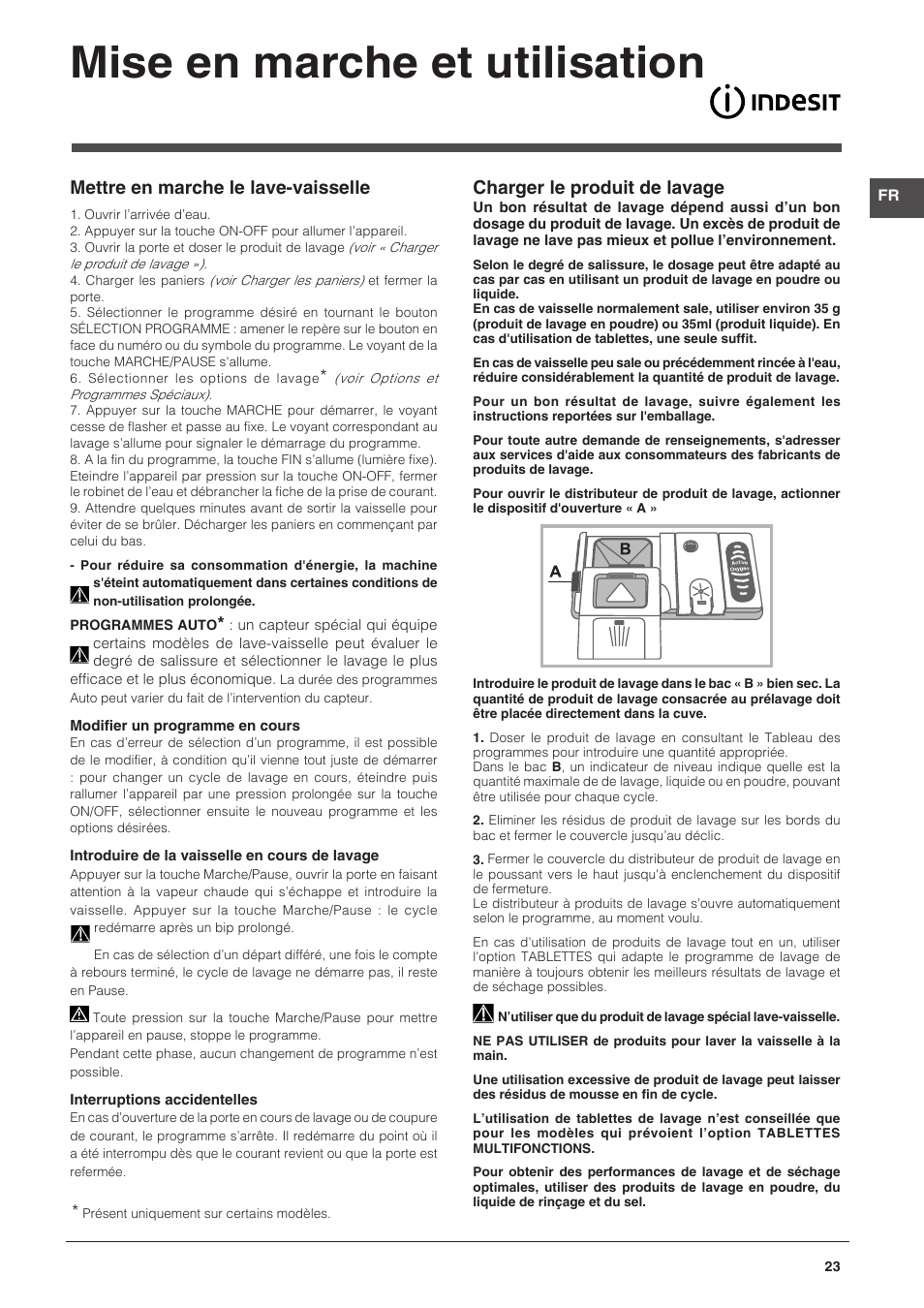 Mise en marche et utilisation, Charger le produit de lavage, Mettre en marche le lave-vaisselle | Indesit DFG-15B1-A-EU User Manual | Page 23 / 80