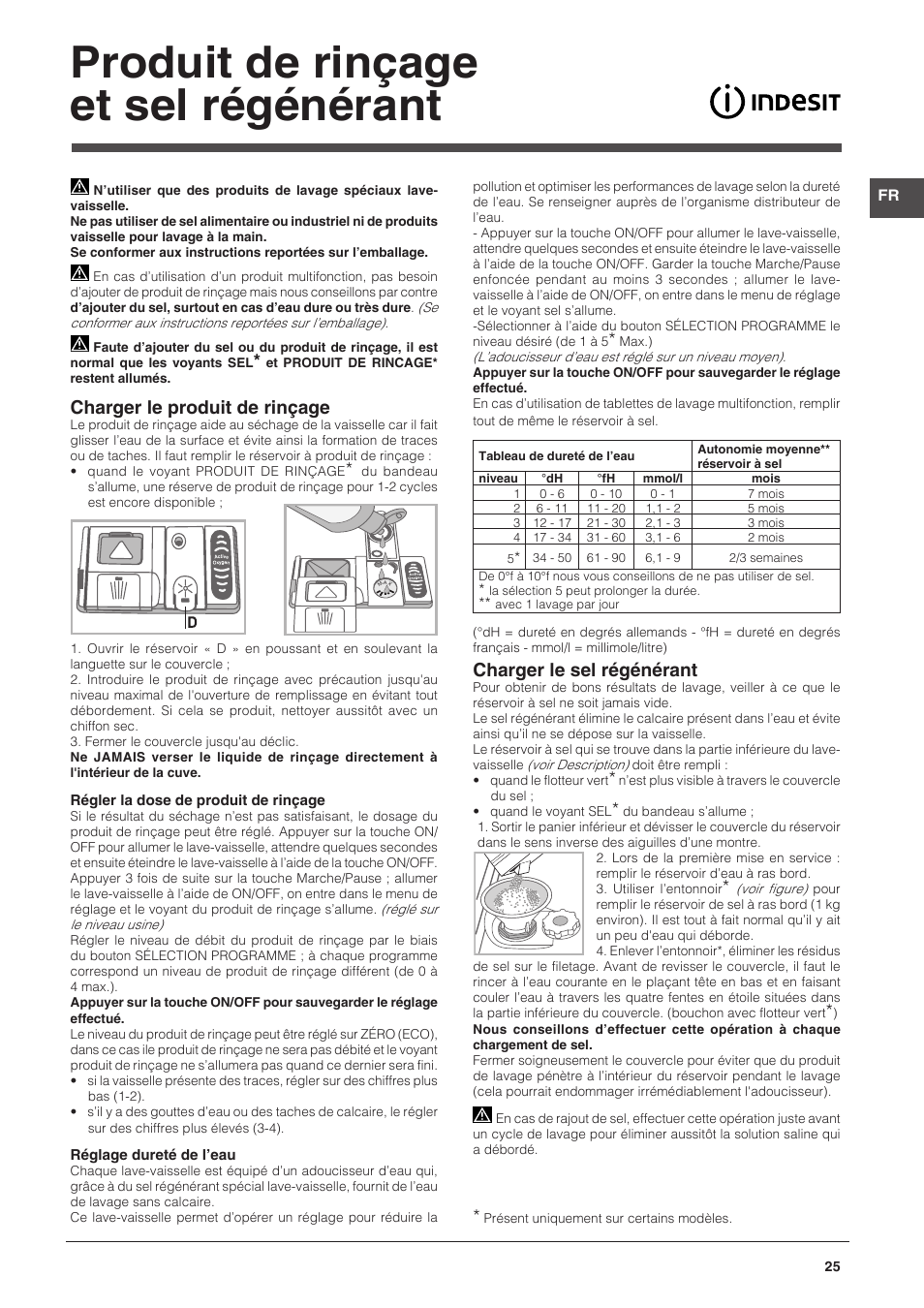 Produit de rinçage et sel régénérant, Charger le produit de rinçage, Charger le sel régénérant | Indesit DFG-15B1-A-EU User Manual | Page 25 / 80