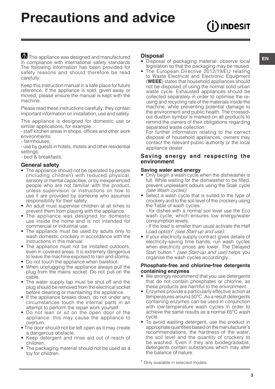 Precautions and advice | Indesit DFG-15B1-A-EU User Manual | Page 3 / 80