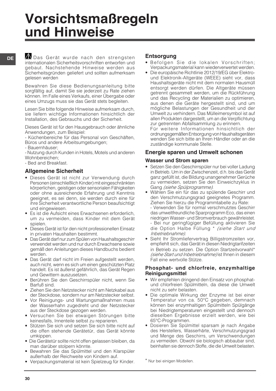 Vorsichtsmaßregeln und hinweise | Indesit DFG-15B1-A-EU User Manual | Page 30 / 80