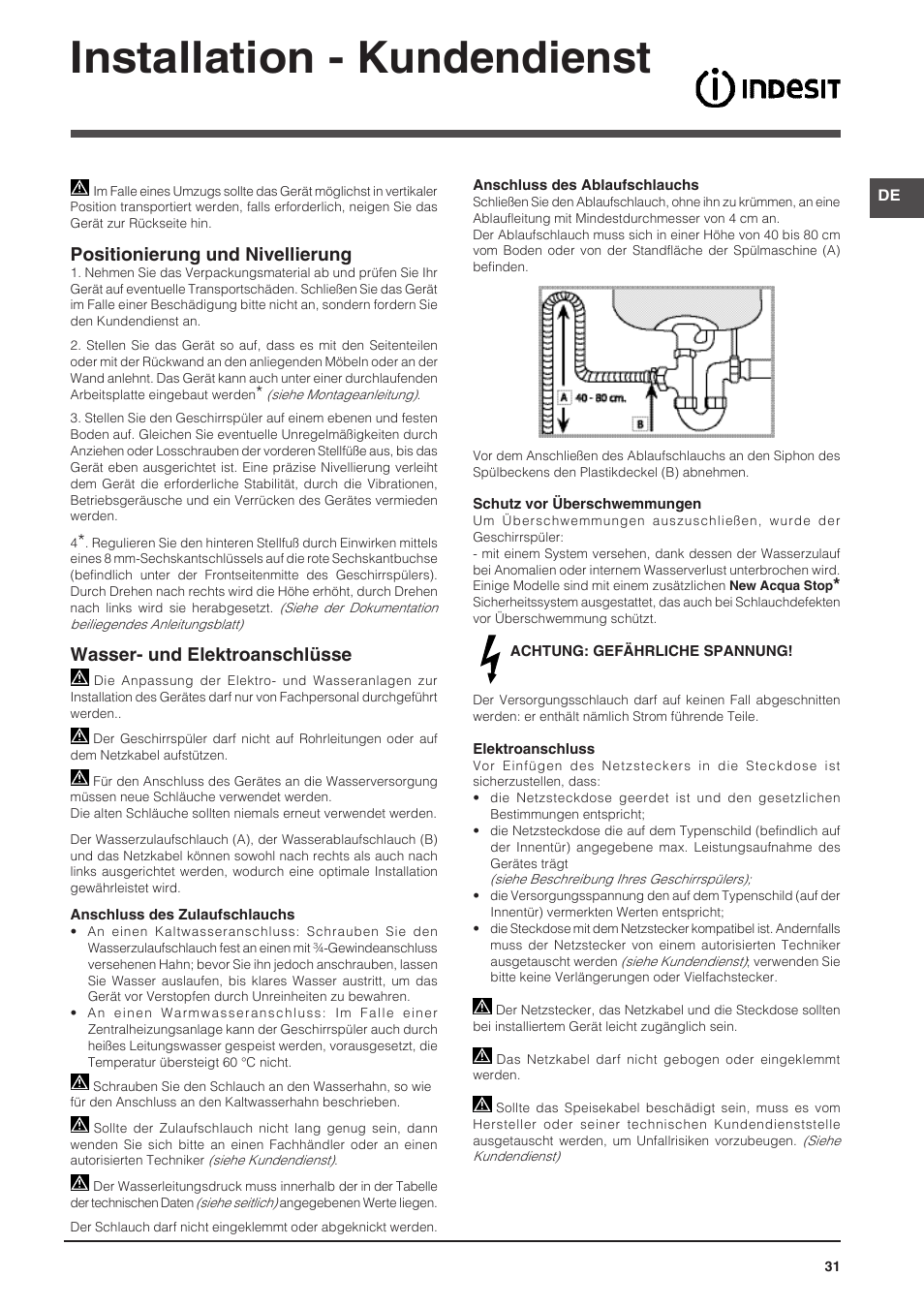 Installation - kundendienst, Positionierung und nivellierung, Wasser- und elektroanschlüsse | Indesit DFG-15B1-A-EU User Manual | Page 31 / 80