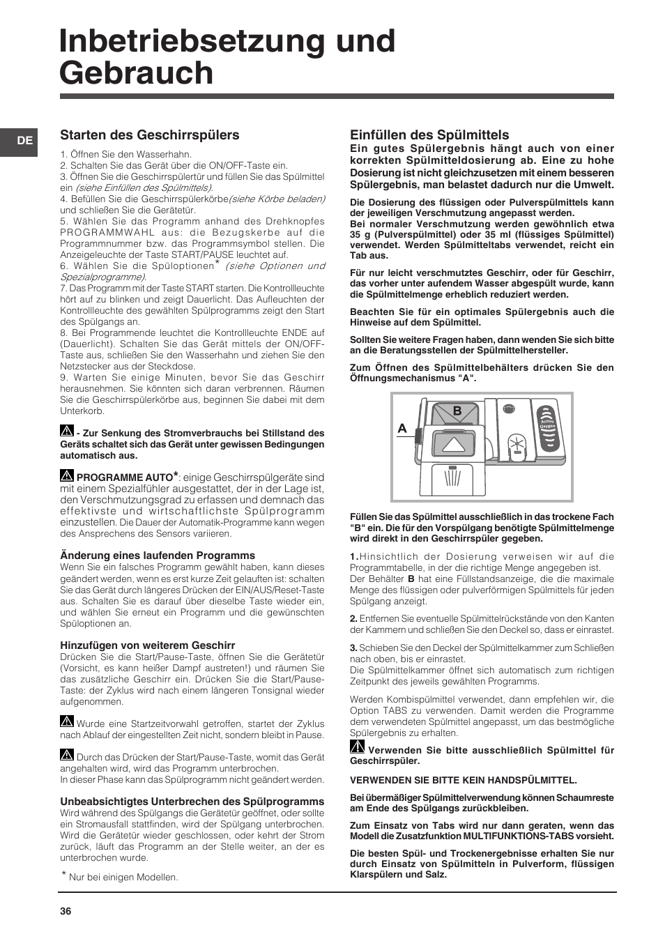 Inbetriebsetzung und gebrauch, Einfüllen des spülmittels, Starten des geschirrspülers | Indesit DFG-15B1-A-EU User Manual | Page 36 / 80