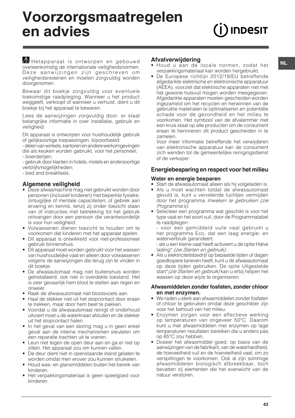 Voorzorgsmaatregelen en advies | Indesit DFG-15B1-A-EU User Manual | Page 43 / 80