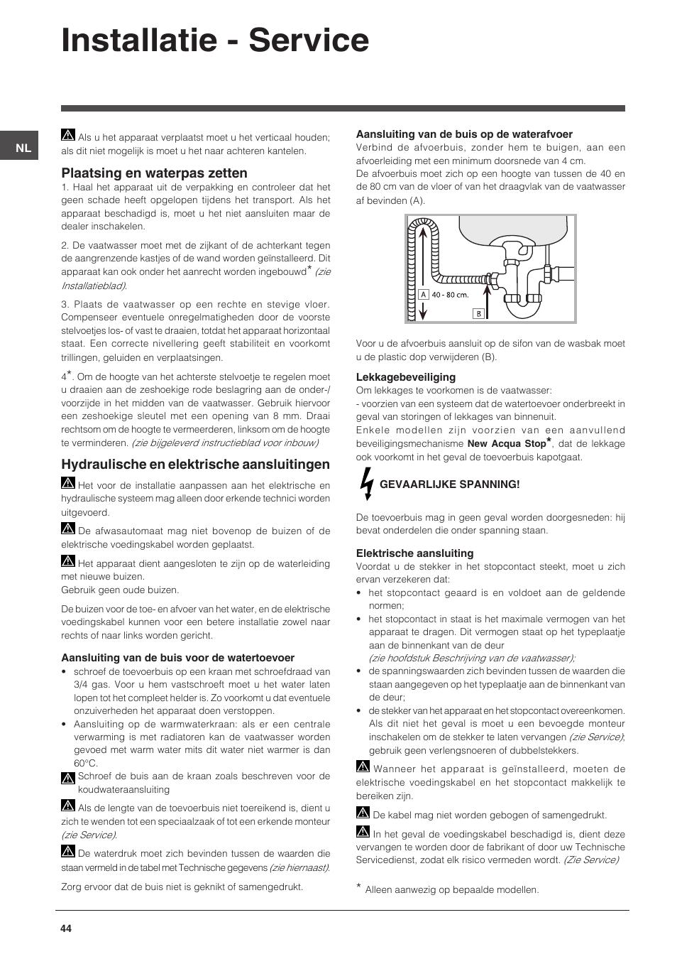 Installatie - service, Plaatsing en waterpas zetten, Hydraulische en elektrische aansluitingen | Indesit DFG-15B1-A-EU User Manual | Page 44 / 80