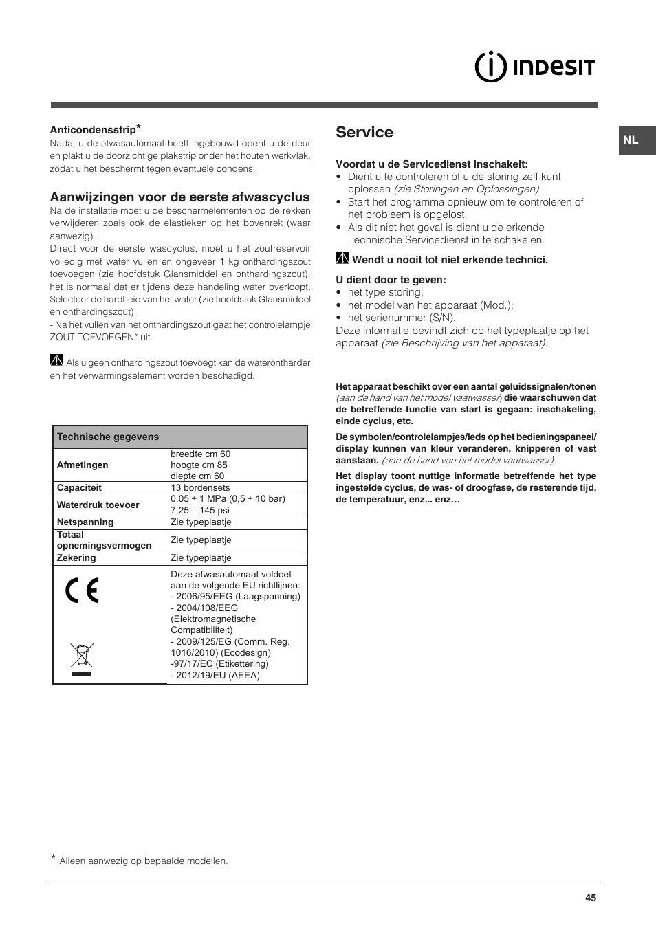 Service, Aanwijzingen voor de eerste afwascyclus | Indesit DFG-15B1-A-EU User Manual | Page 45 / 80