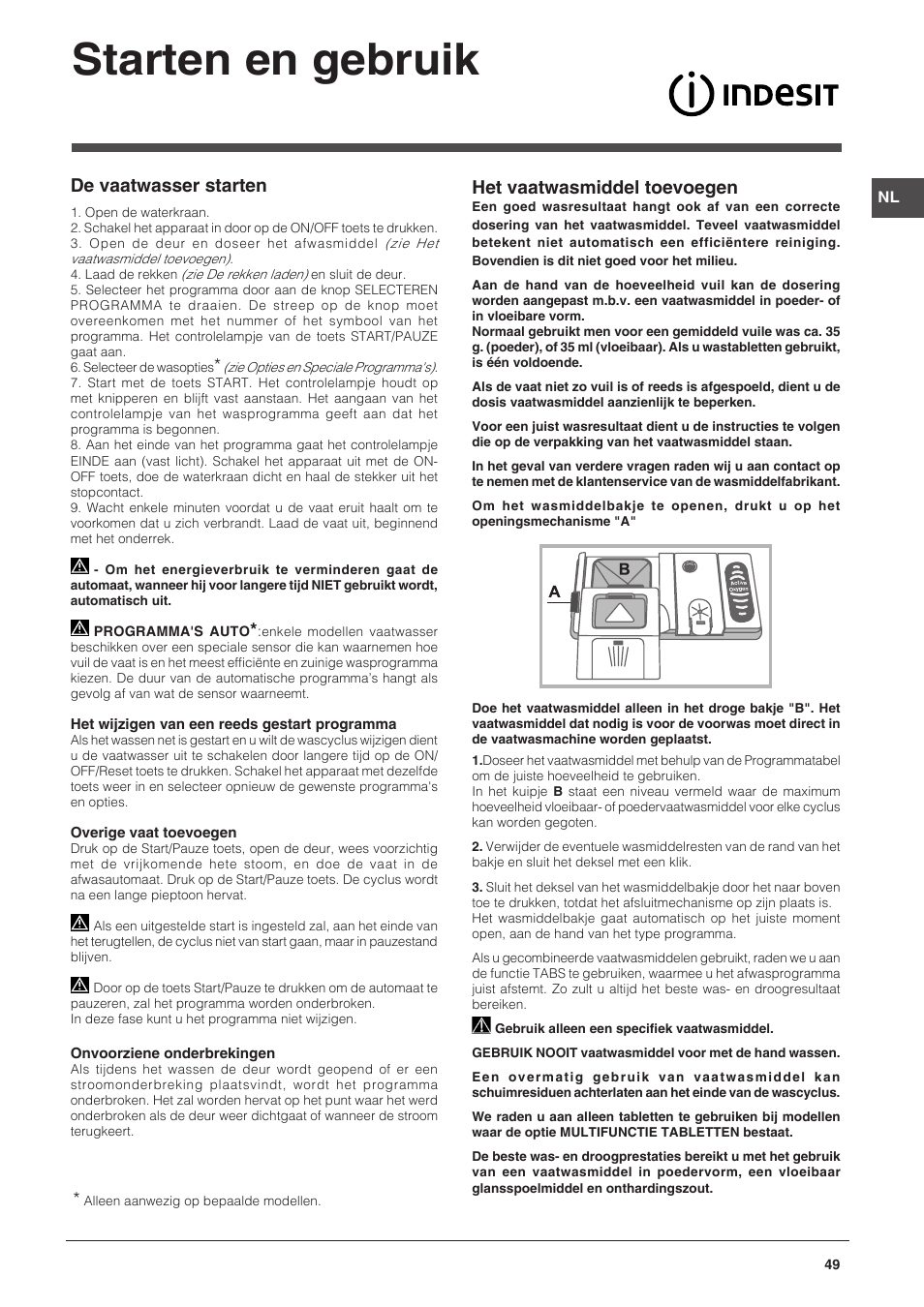 Starten en gebruik, Het vaatwasmiddel toevoegen, De vaatwasser starten | Indesit DFG-15B1-A-EU User Manual | Page 49 / 80