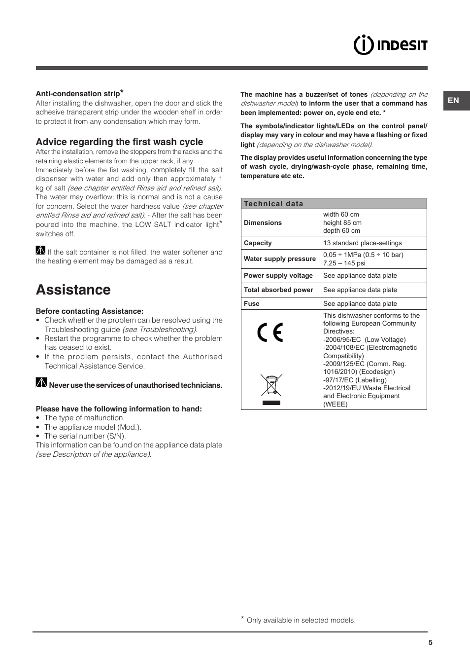 Assistance, Advice regarding the first wash cycle | Indesit DFG-15B1-A-EU User Manual | Page 5 / 80