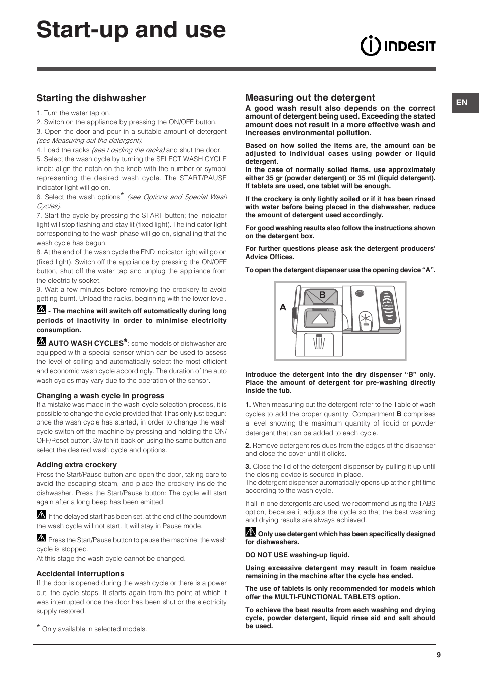 Start-up and use, Measuring out the detergent, Starting the dishwasher | Indesit DFG-15B1-A-EU User Manual | Page 9 / 80